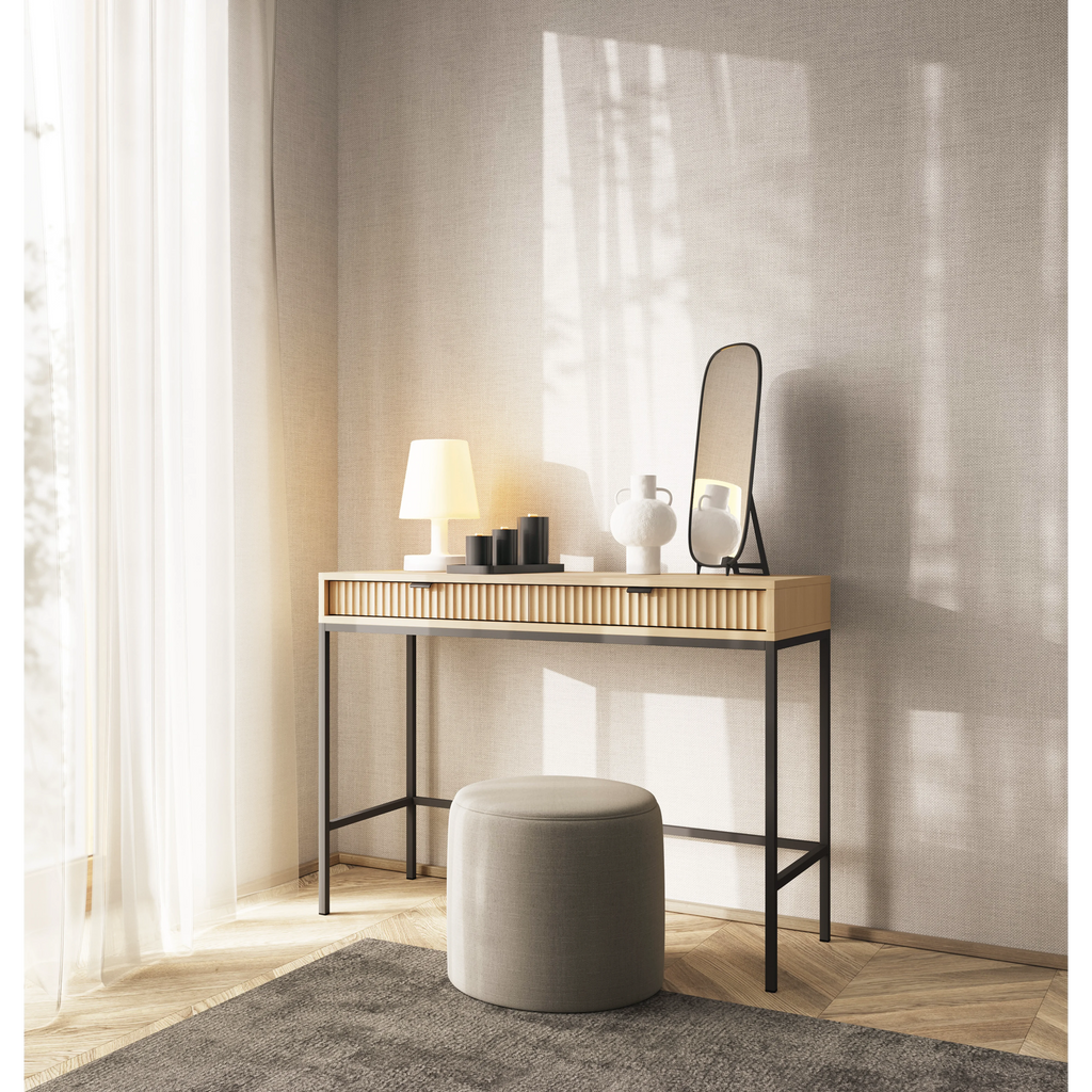 Toaletka LUMI 2S – 104 cm, dąb Vicenza, ryflowane fronty, czarne nóżki