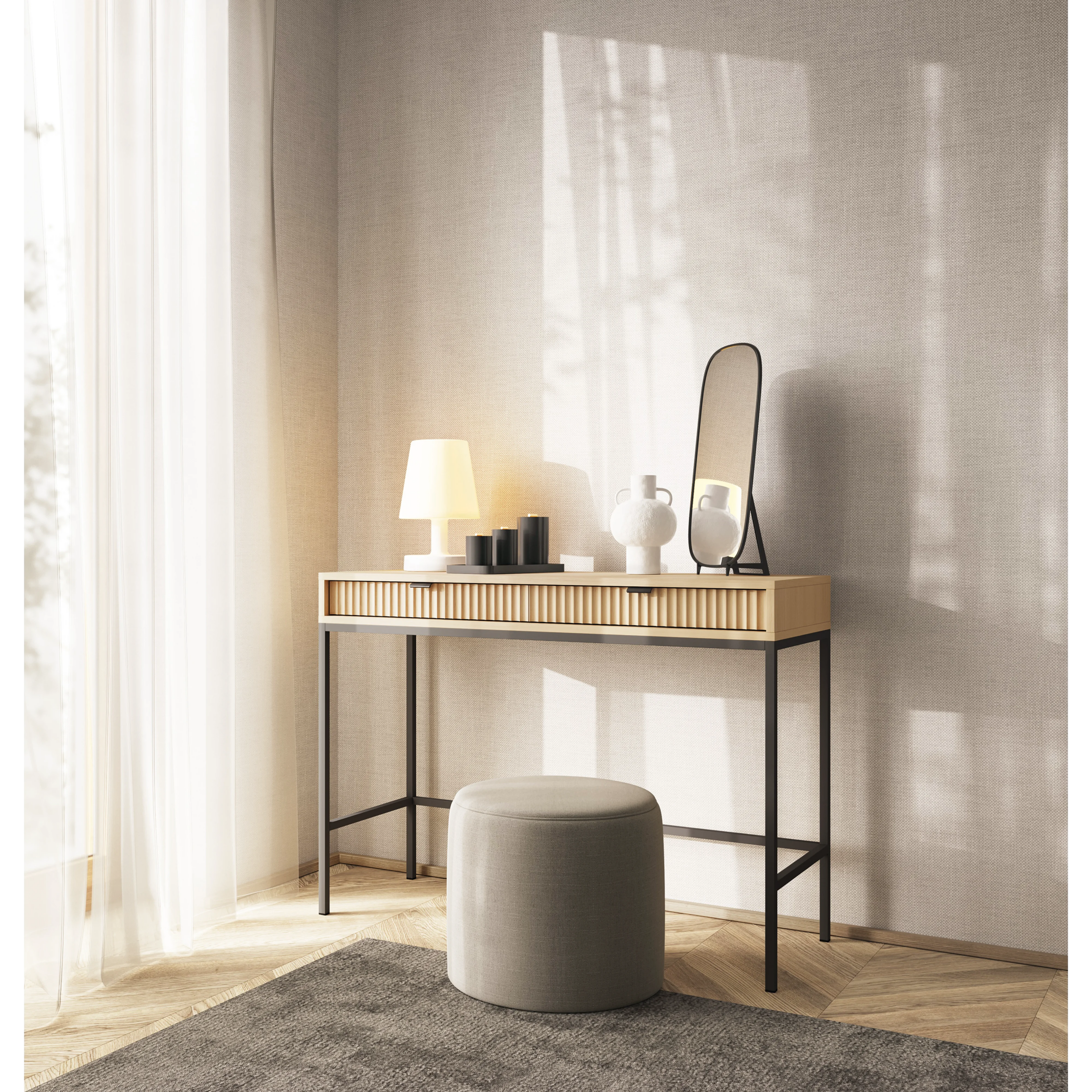 Toaletka LUMI 2S – 104 cm, dąb Vicenza, ryflowane fronty, czarne nóżki