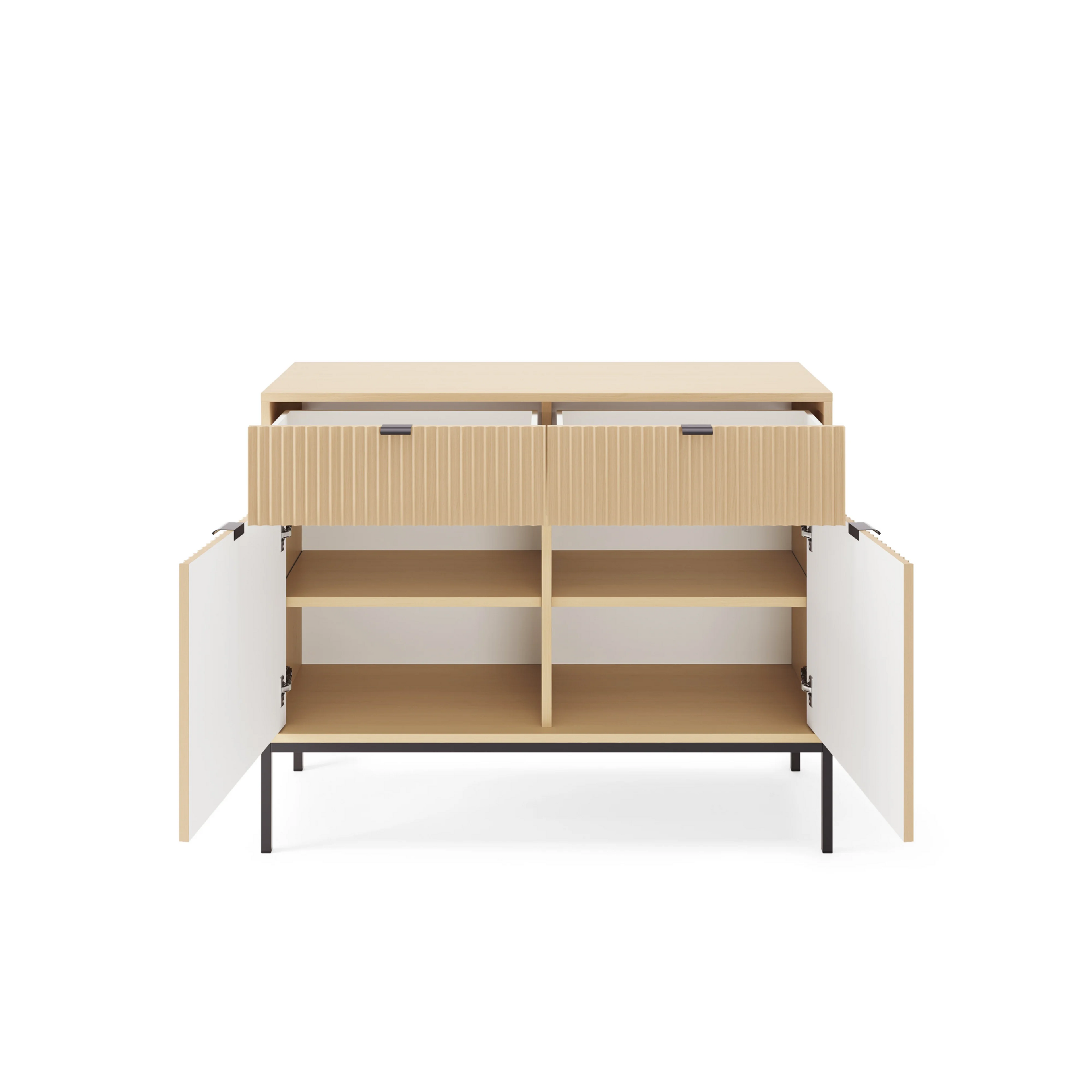 Komoda LUMI 2D2S – 104 cm, dąb Vicenza, ryflowane fronty, czarne nóżki