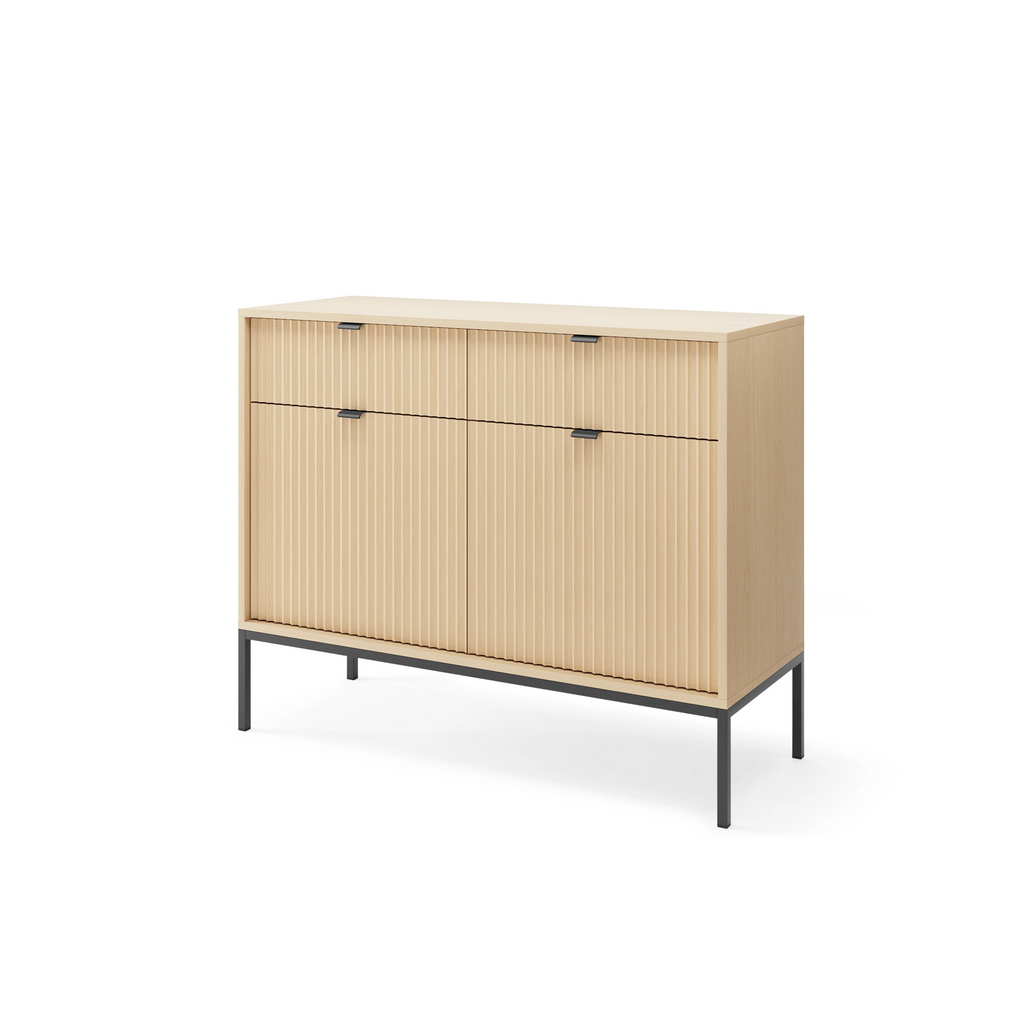 Komoda LUMI 2D2S – 104 cm, dąb Vicenza, ryflowane fronty, czarne nóżki