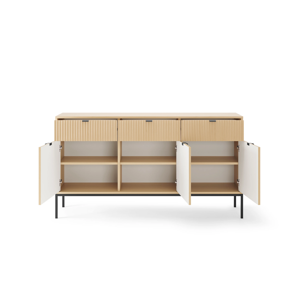 Komoda LUMI 3D – 154 cm, dąb Vicenza, ryflowane fronty, czarne nóżki