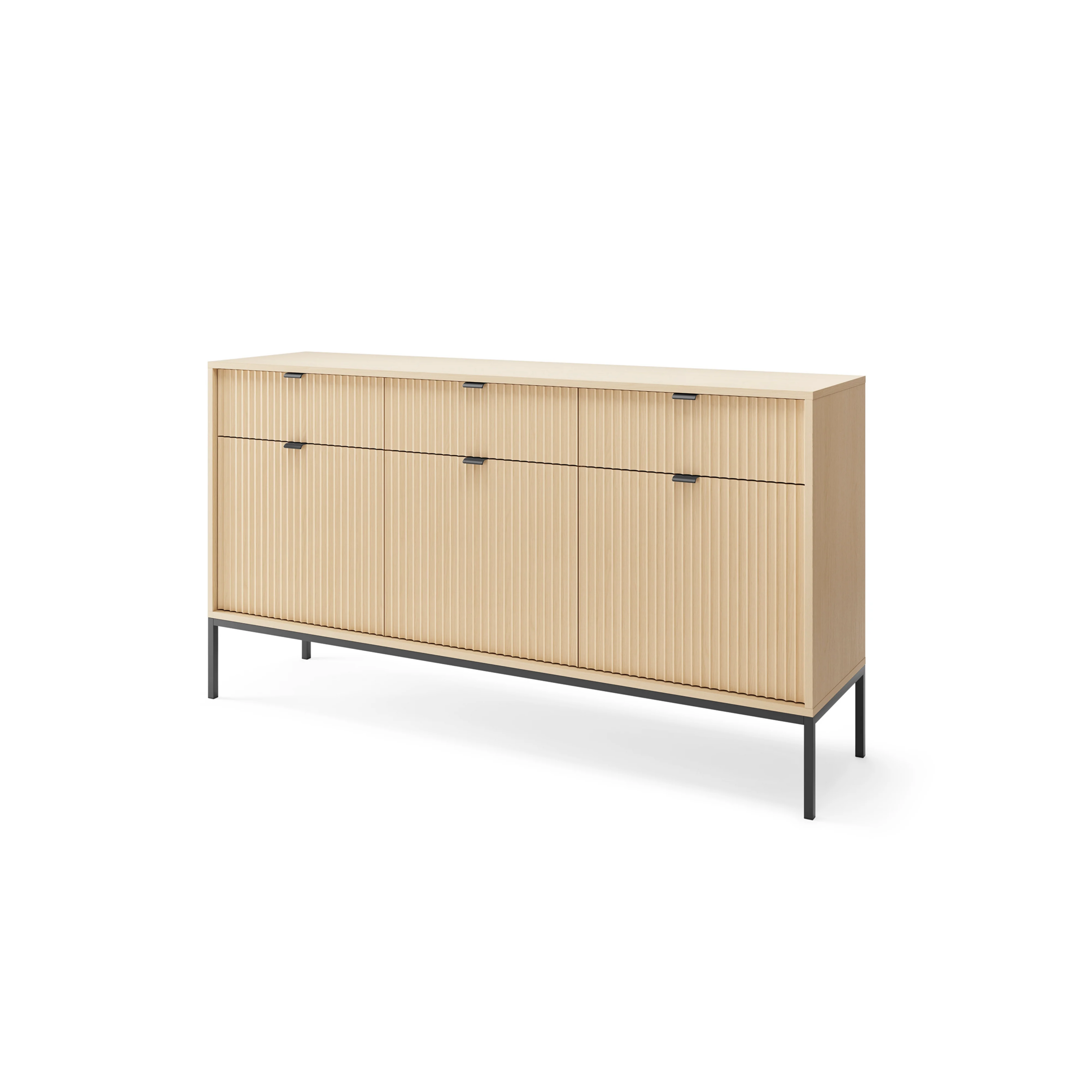 Komoda LUMI 3D – 154 cm, dąb Vicenza, ryflowane fronty, czarne nóżki