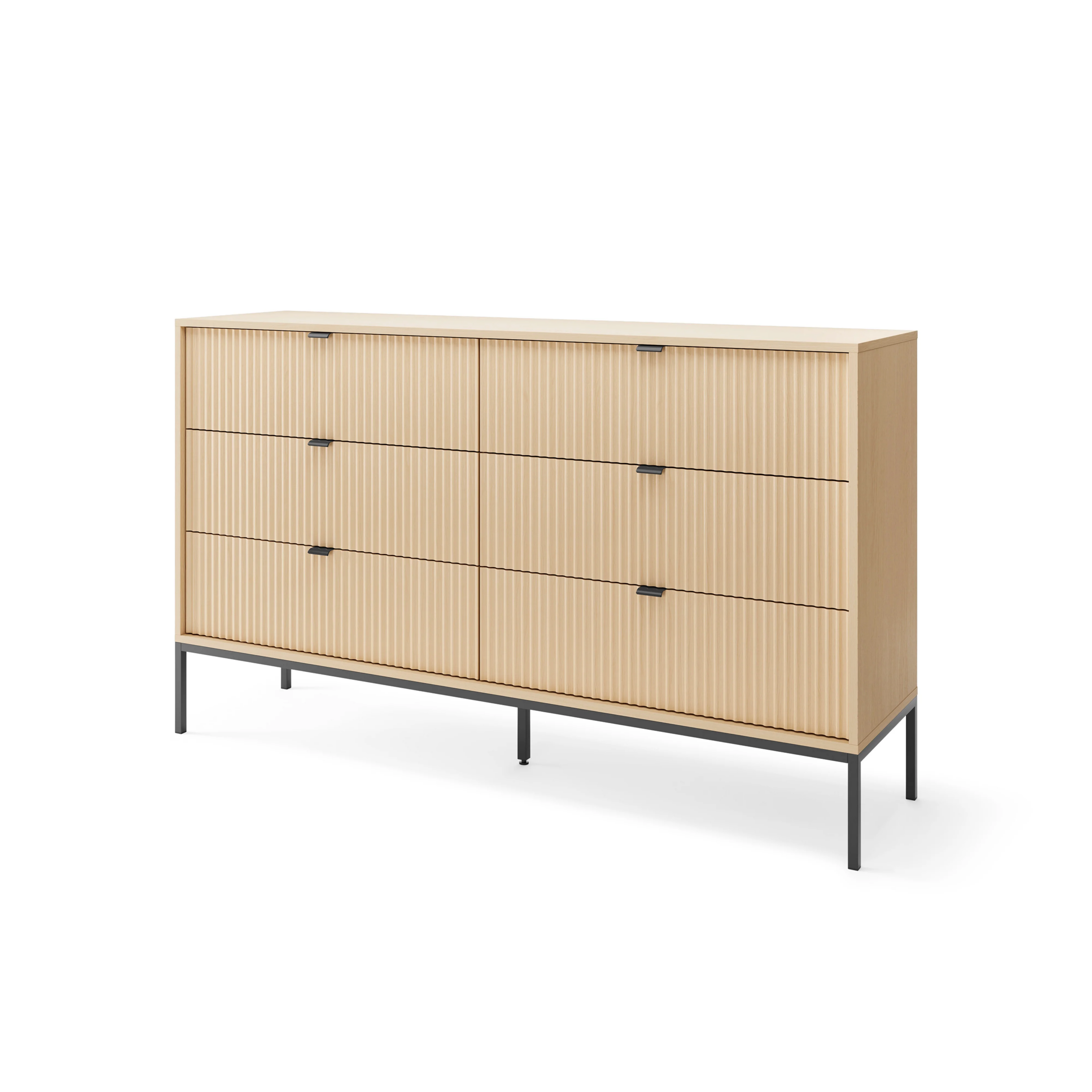 Komoda LUMI 6S – 154 cm, dąb Vicenza, ryflowane fronty, czarne nóżki