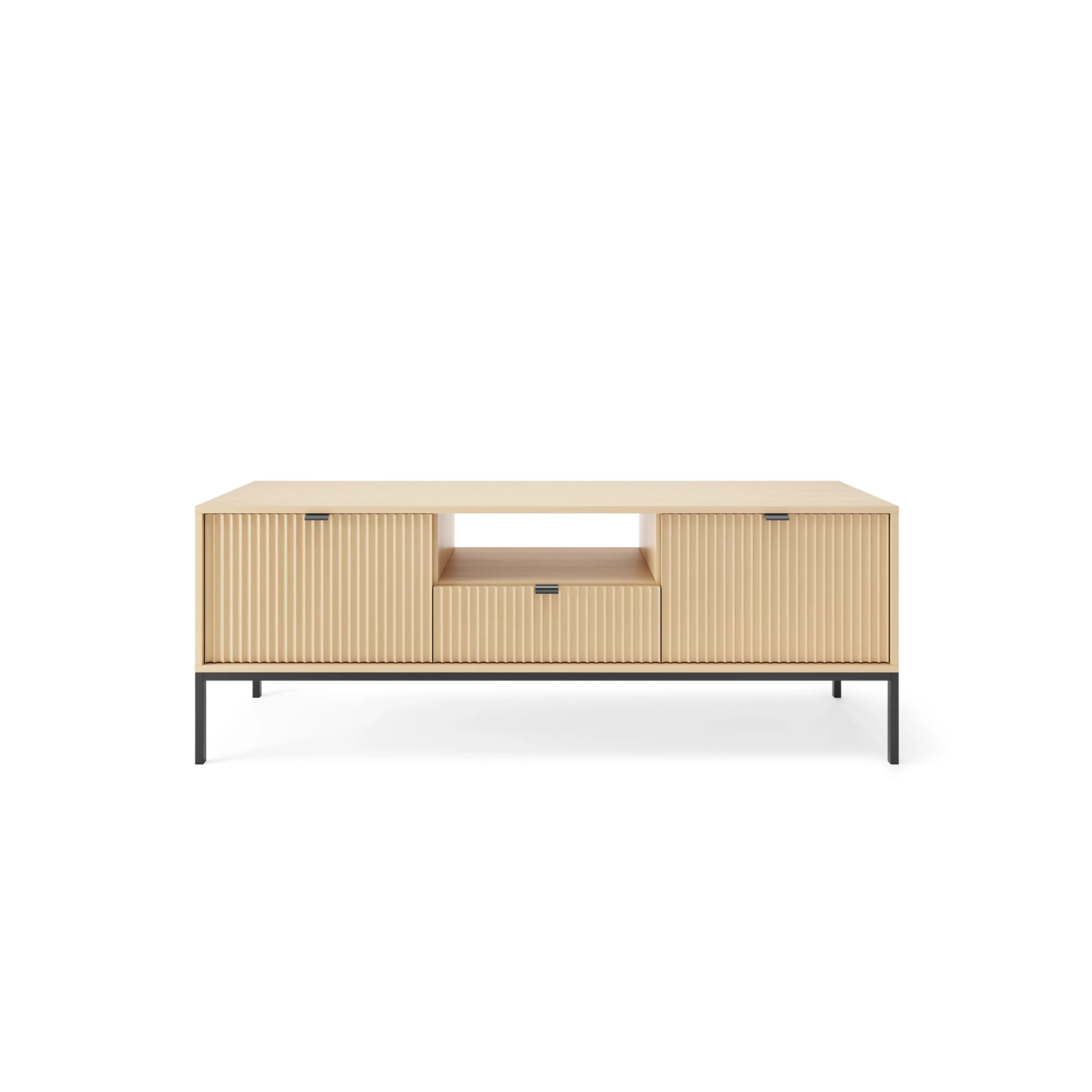 Szafka RTV LUMI 154 cm – dąb Vicenza, ryflowane fronty, czarne nóżki