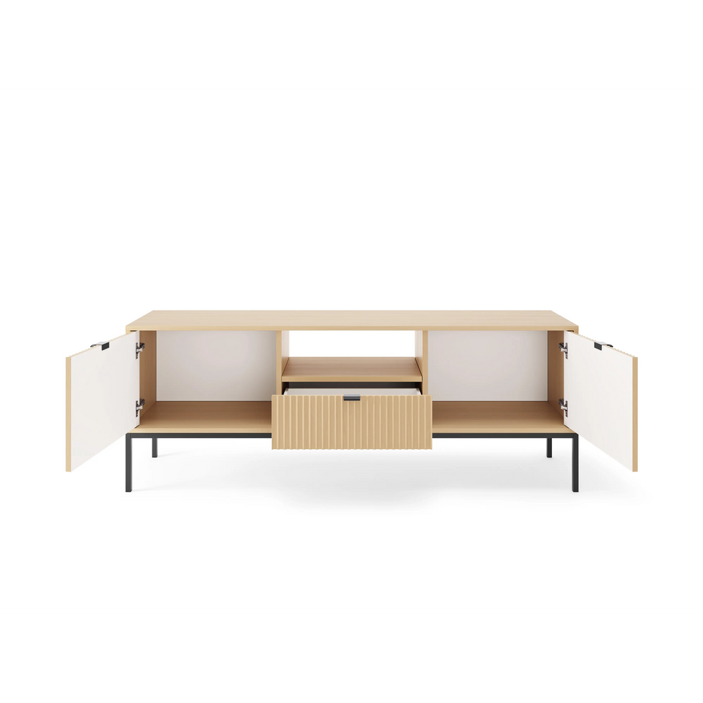 Szafka RTV LUMI 154 cm – dąb Vicenza, ryflowane fronty, czarne nóżki