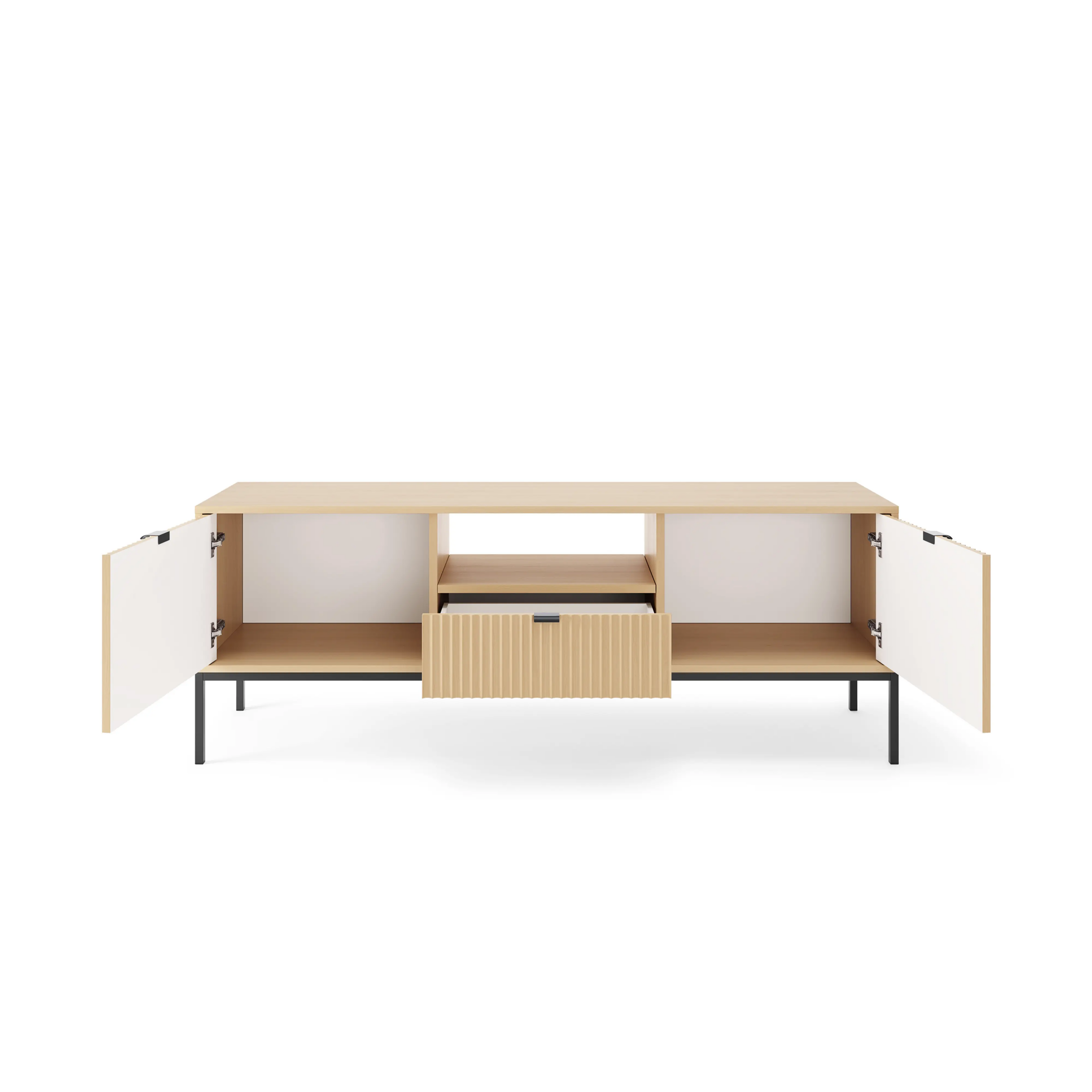 Szafka RTV LUMI 154 cm – dąb Vicenza, ryflowane fronty, czarne nóżki