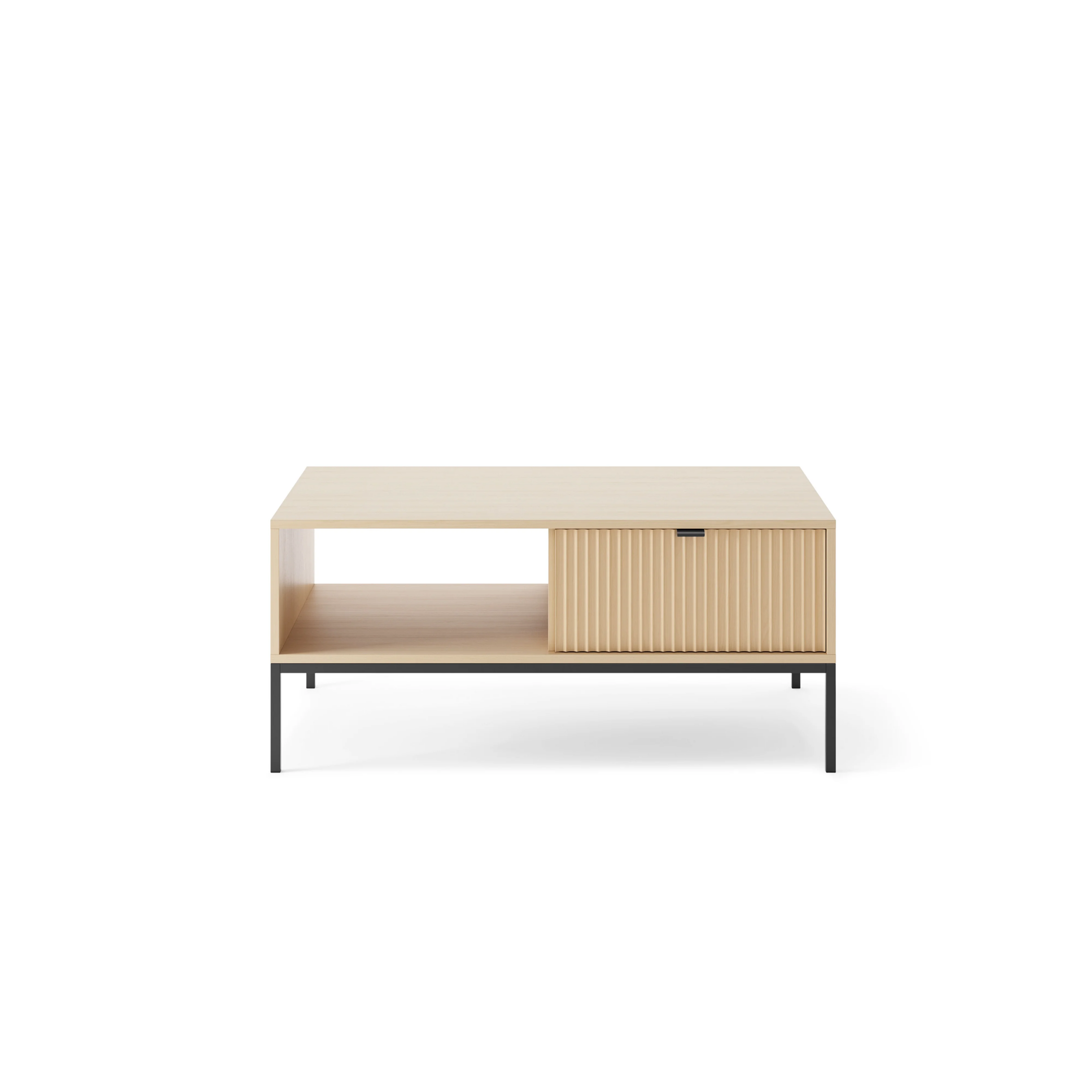 Stolik kawowy LUMI 1S – 104 cm, dąb Vicenza, ryflowany front, czarne nóżki