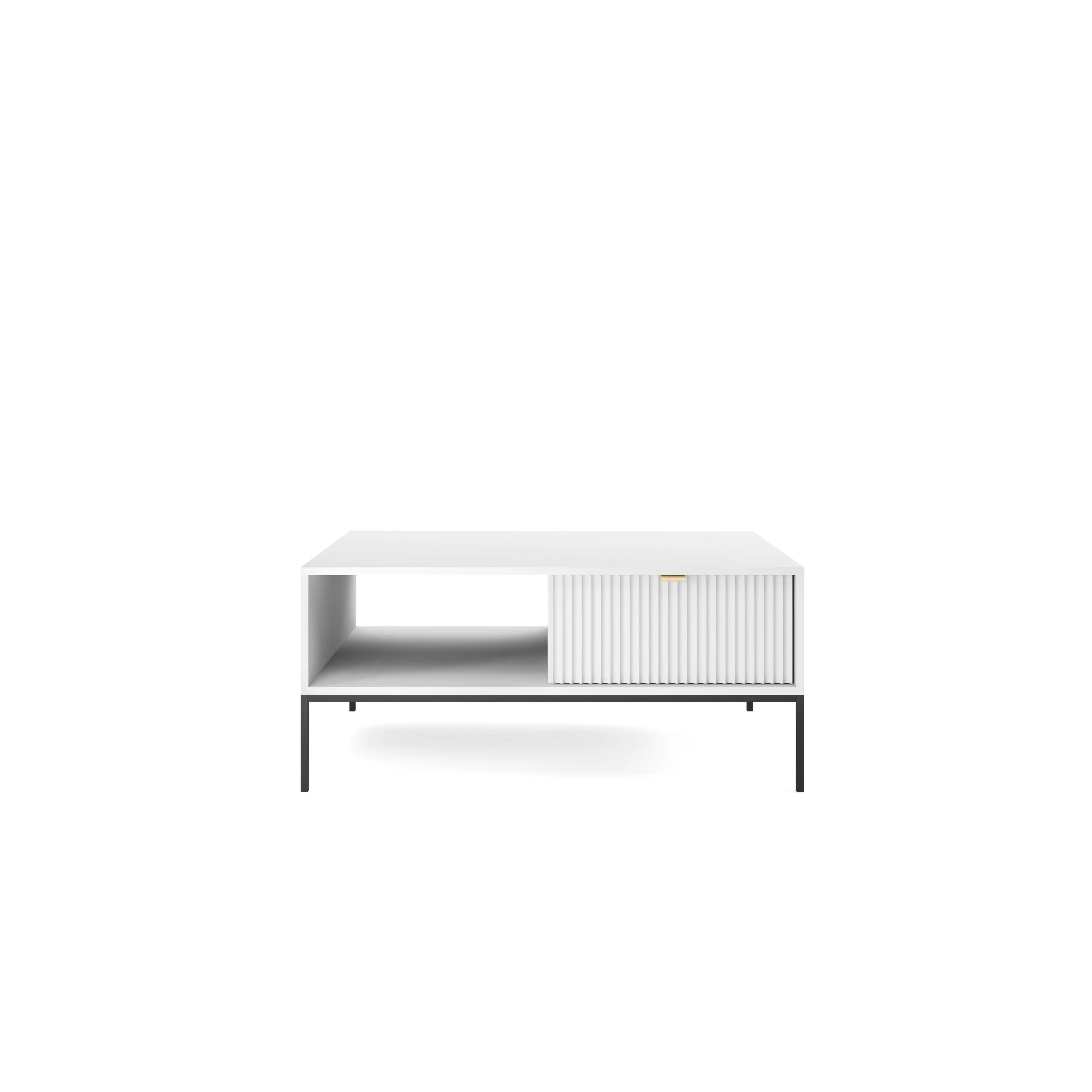 Stolik kawowy LUMI 1S – 104 cm, biały, ryflowany front, czarne nóżki