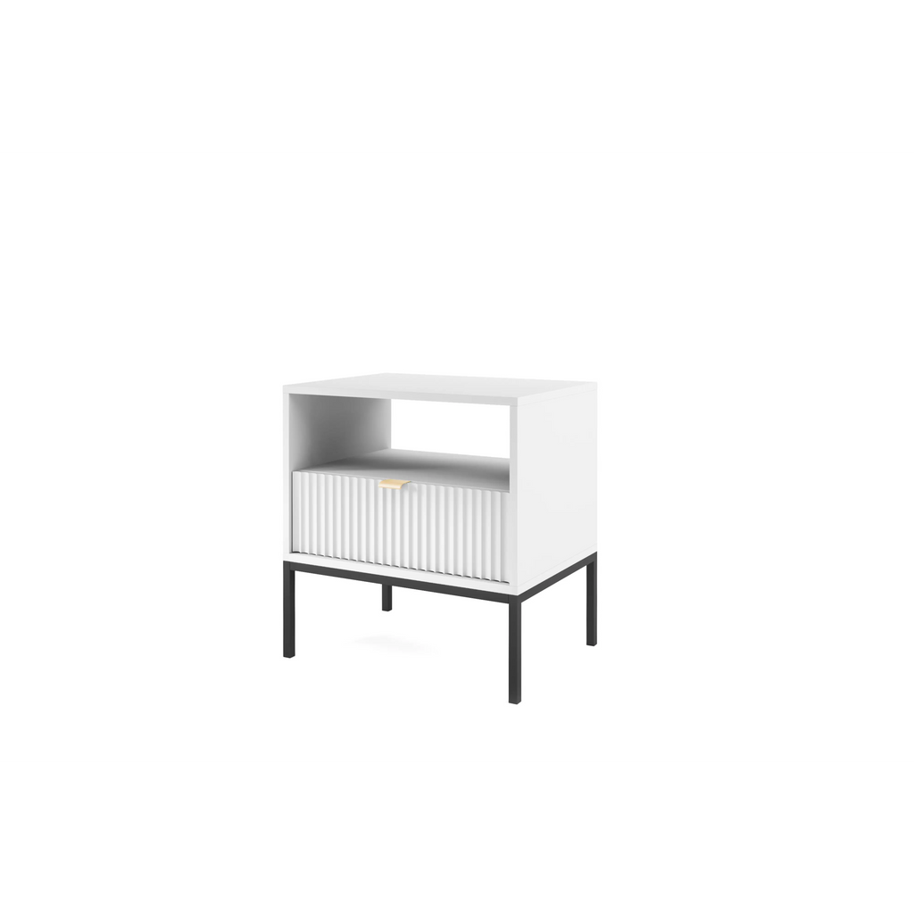 Stolik nocny LUMI 1S – 54 cm, biały, ryflowany front, czarne nóżki