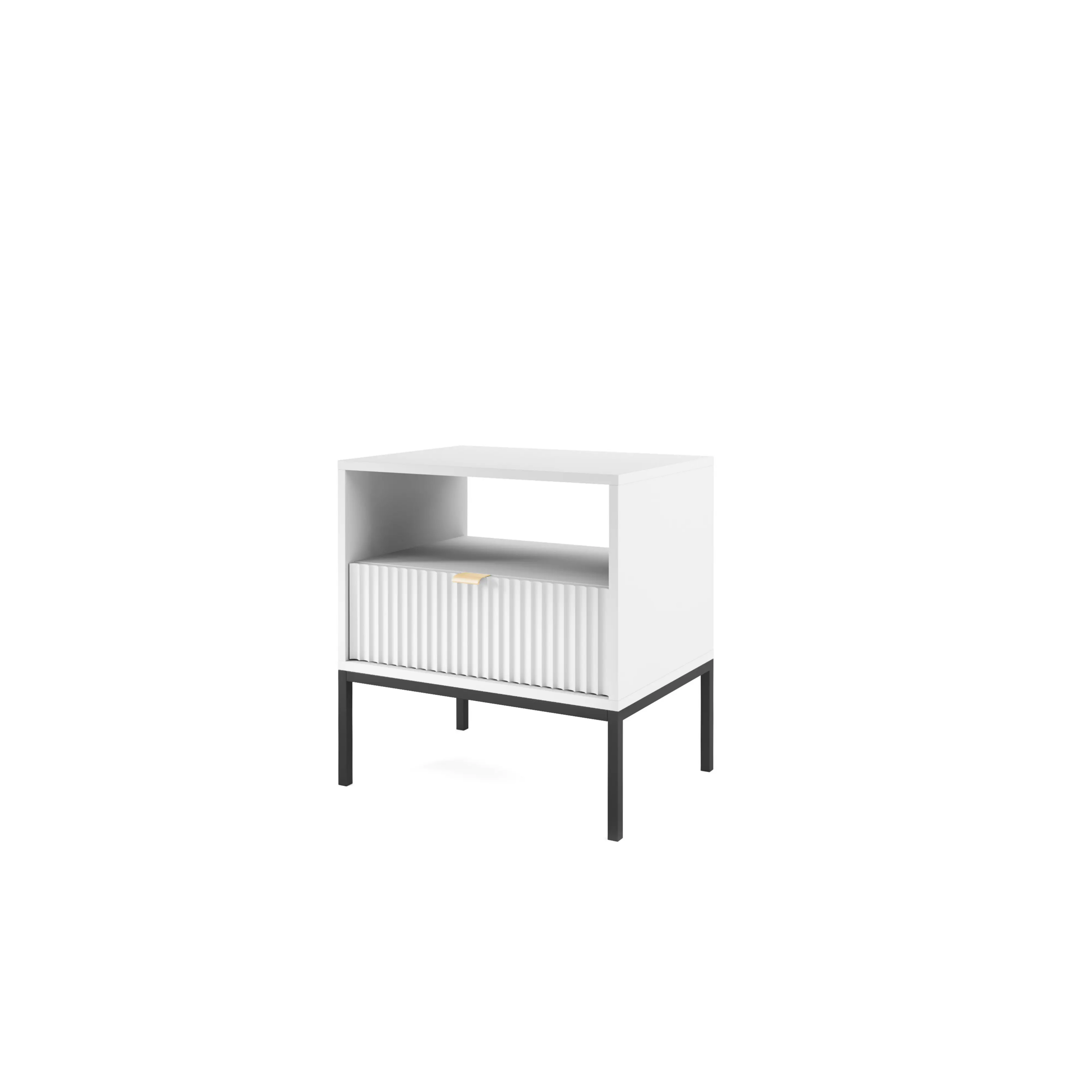 Stolik nocny LUMI 1S – 54 cm, biały, ryflowany front, czarne nóżki
