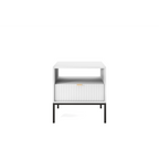 Stolik nocny LUMI 1S – 54 cm, biały, ryflowany front, czarne nóżki