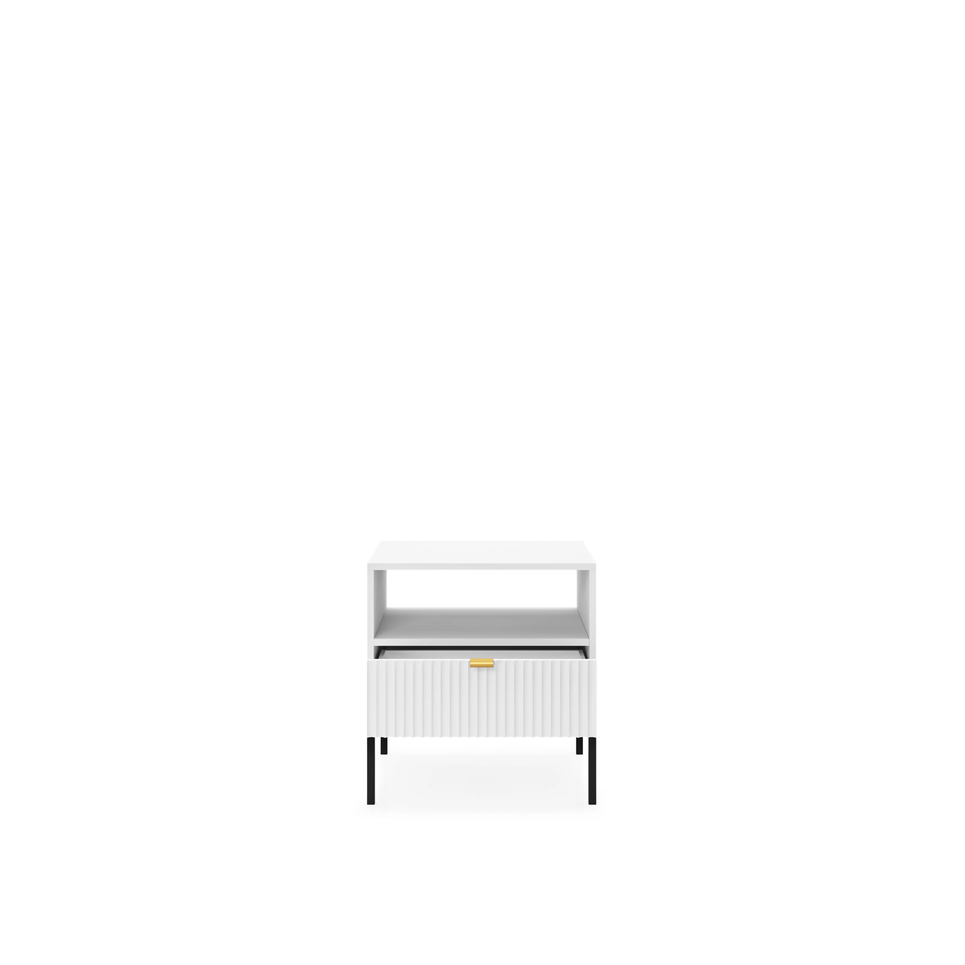 Stolik nocny LUMI 1S – 54 cm, biały, ryflowany front, czarne nóżki