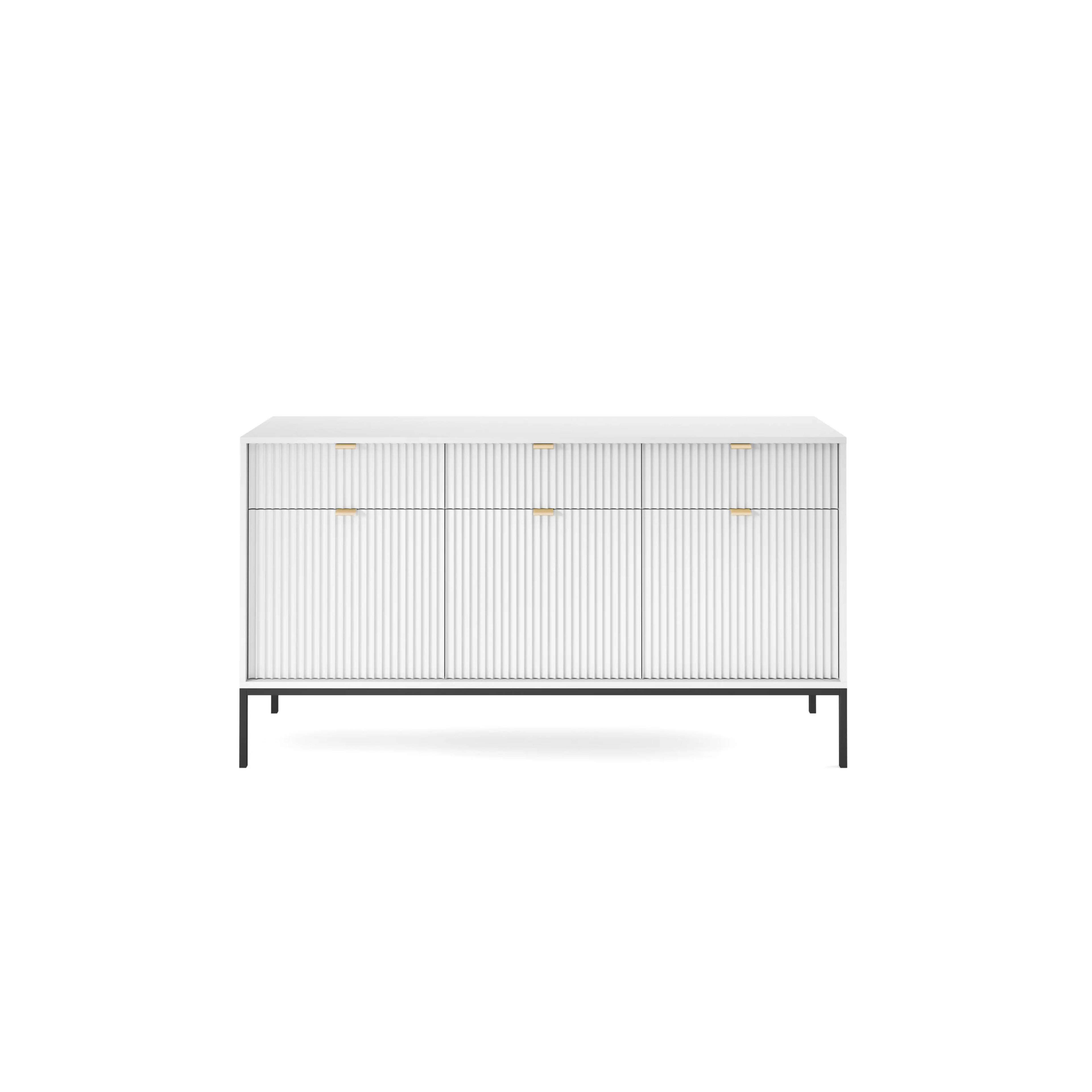Komoda LUMI 3D – 154 cm, biała, ryflowane fronty, czarne nóżki