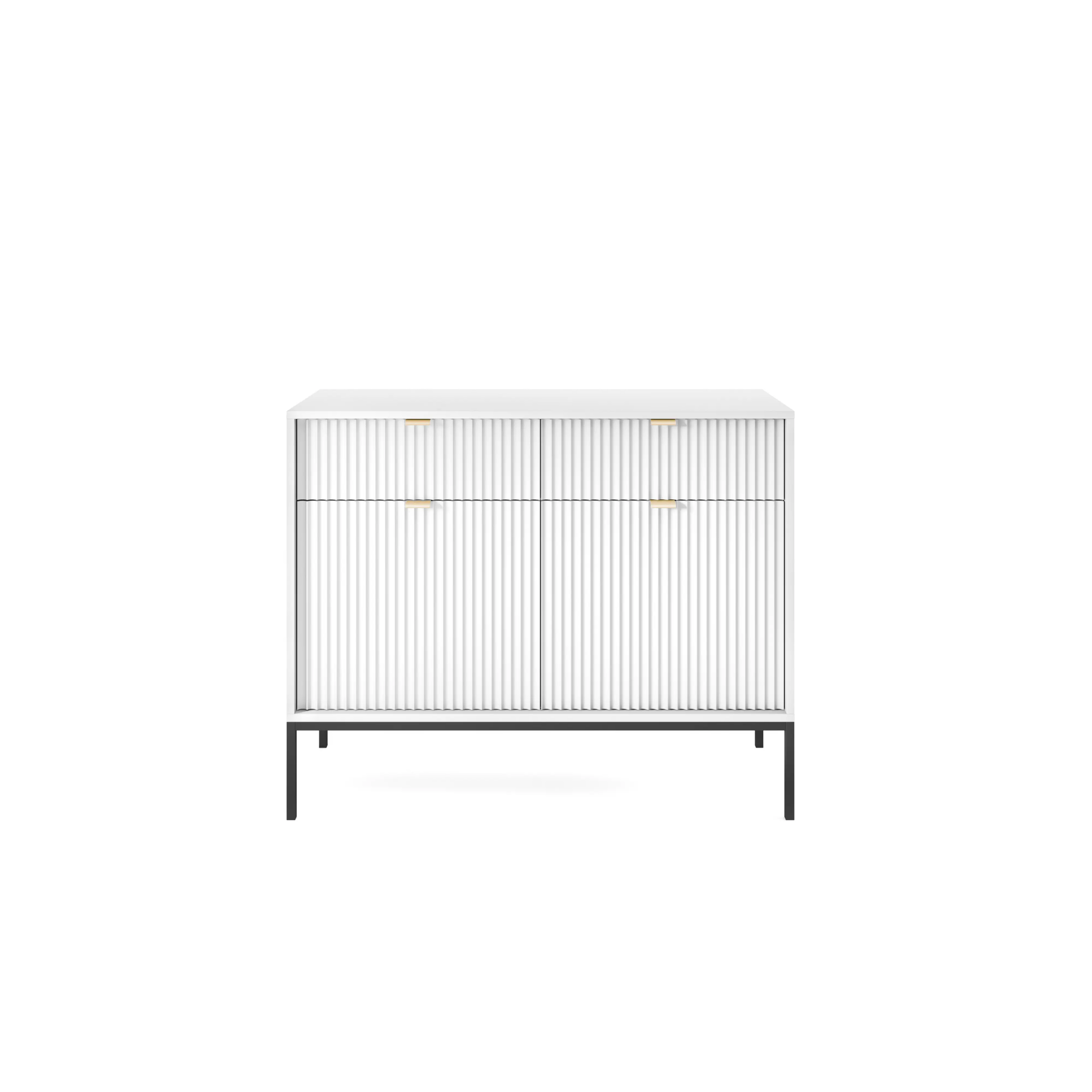 Komoda LUMI 2D2S – 104 cm, biała, ryflowane fronty, czarne nóżki