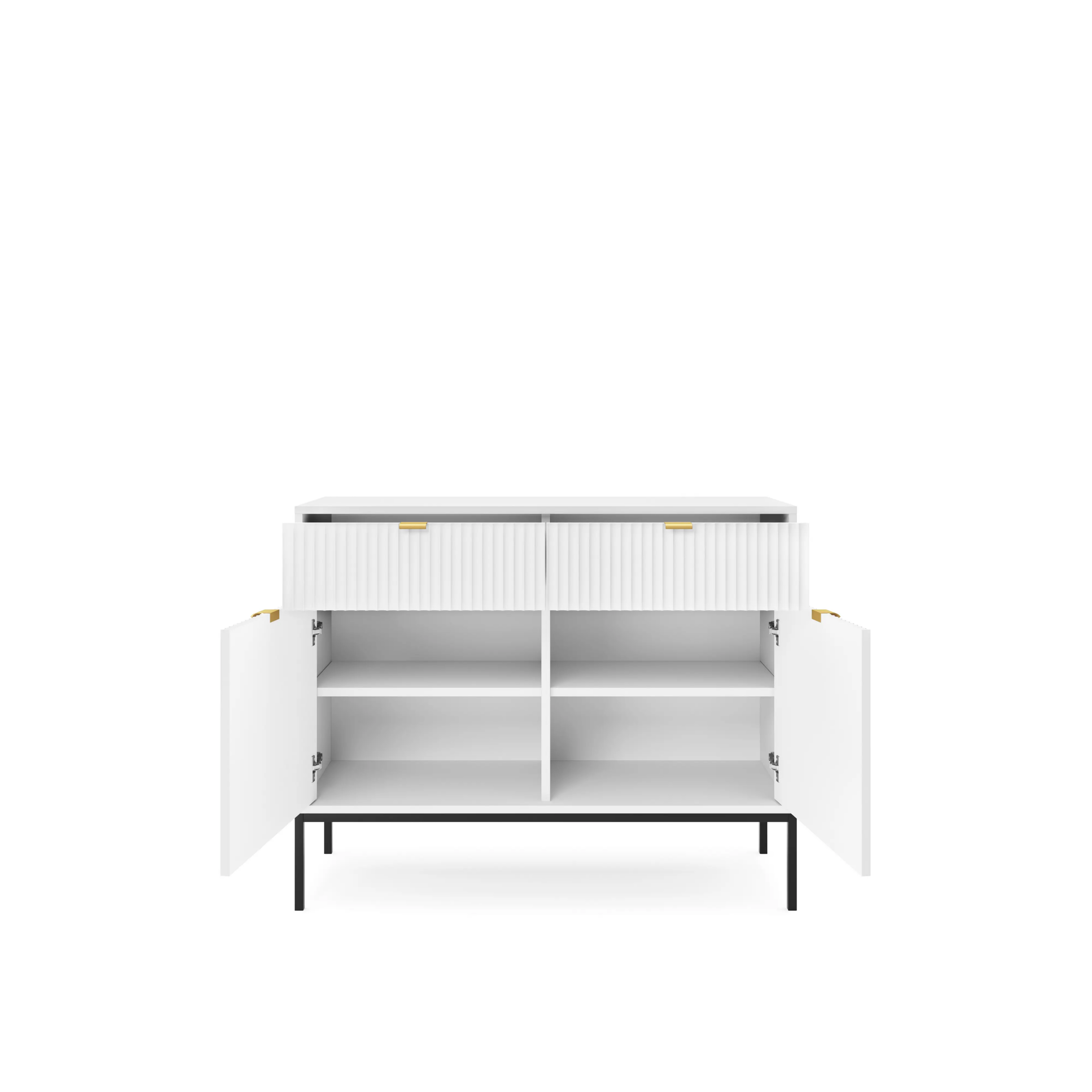 Komoda LUMI 2D2S – 104 cm, biała, ryflowane fronty, czarne nóżki