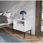 Stolik nocny LUMI 1S – 54 cm, biały, ryflowany front, czarne nóżki