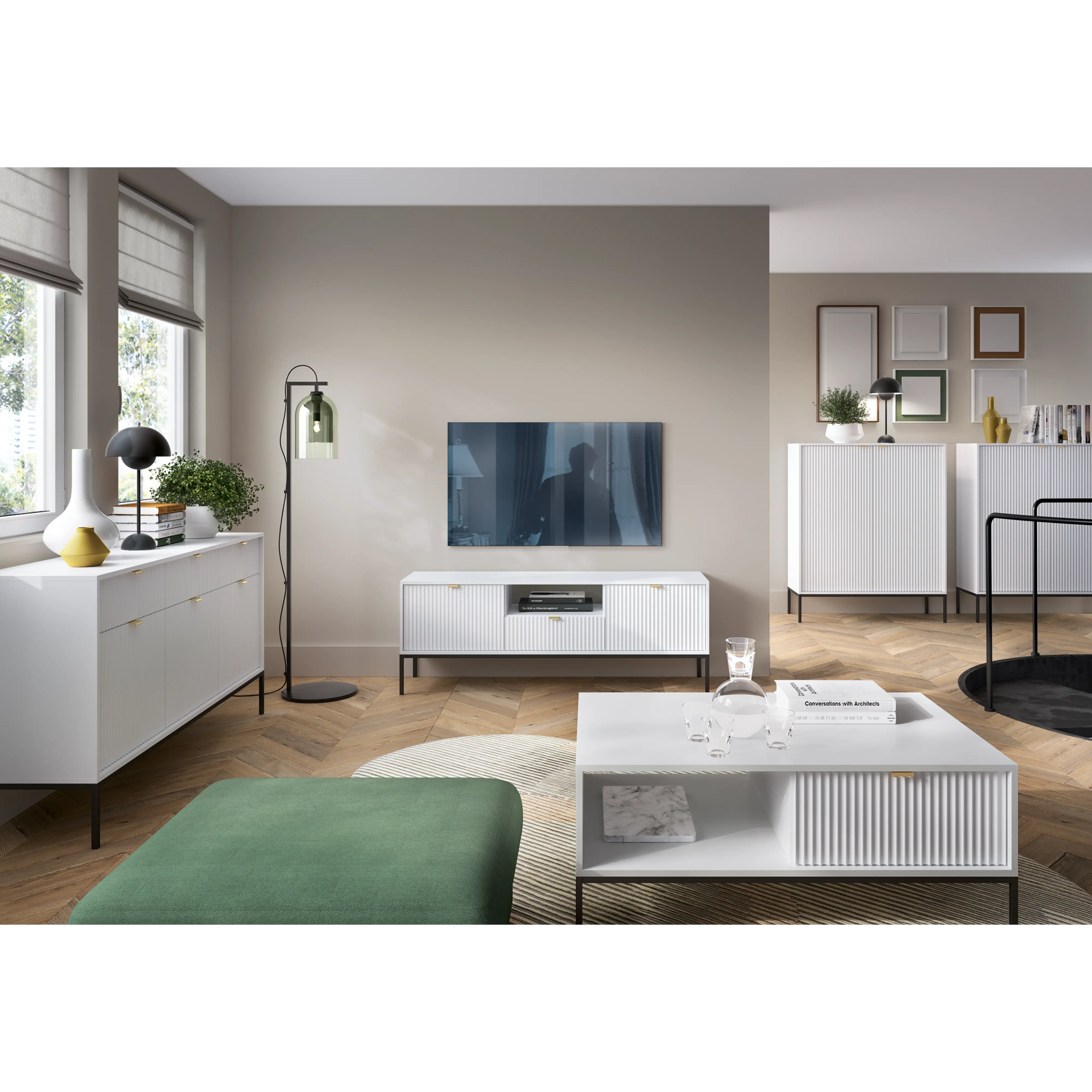 Stolik kawowy LUMI 1S – 104 cm, biały, ryflowany front, czarne nóżki