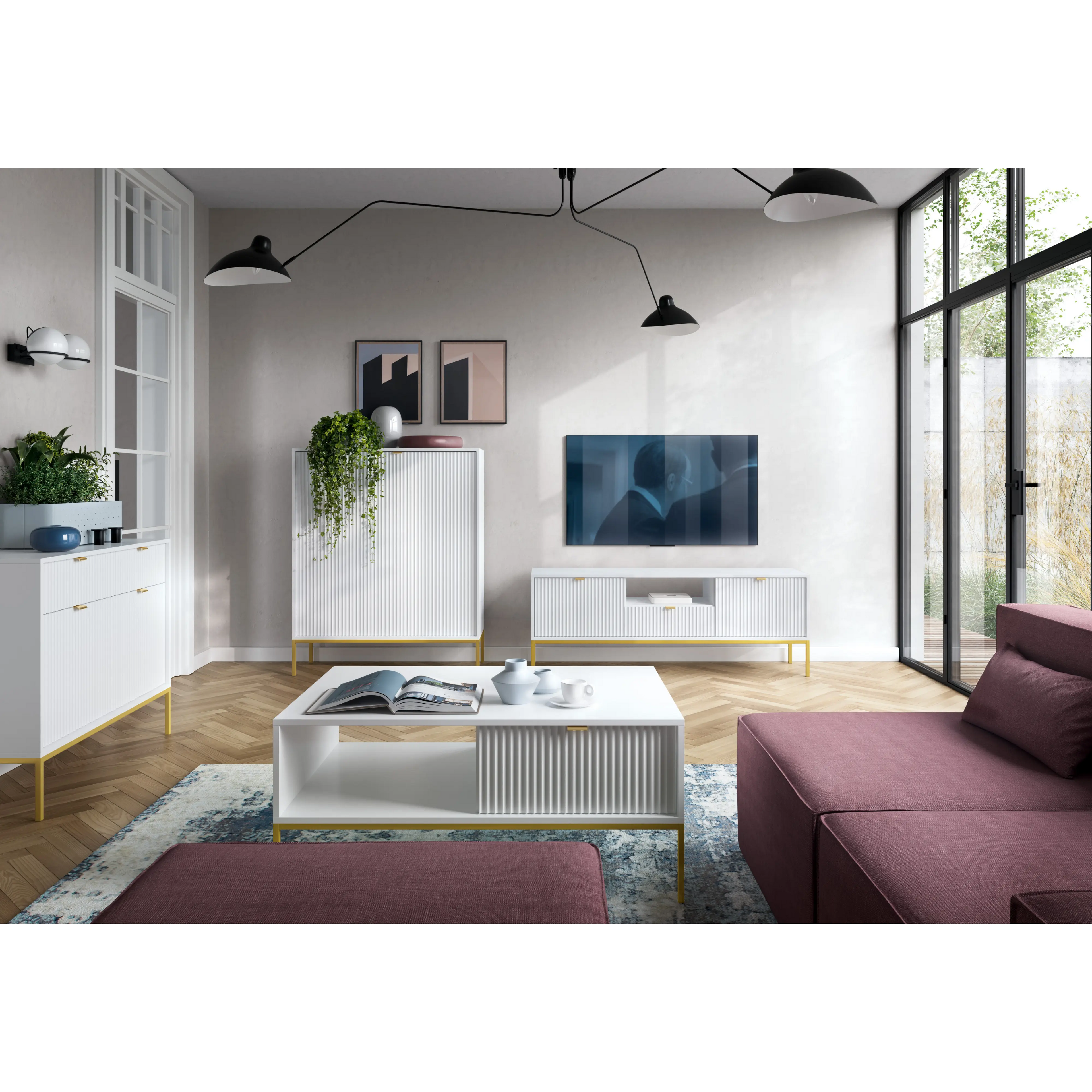 Stolik kawowy LUMI 1S – 104 cm, biały, ryflowany front, złote nóżki