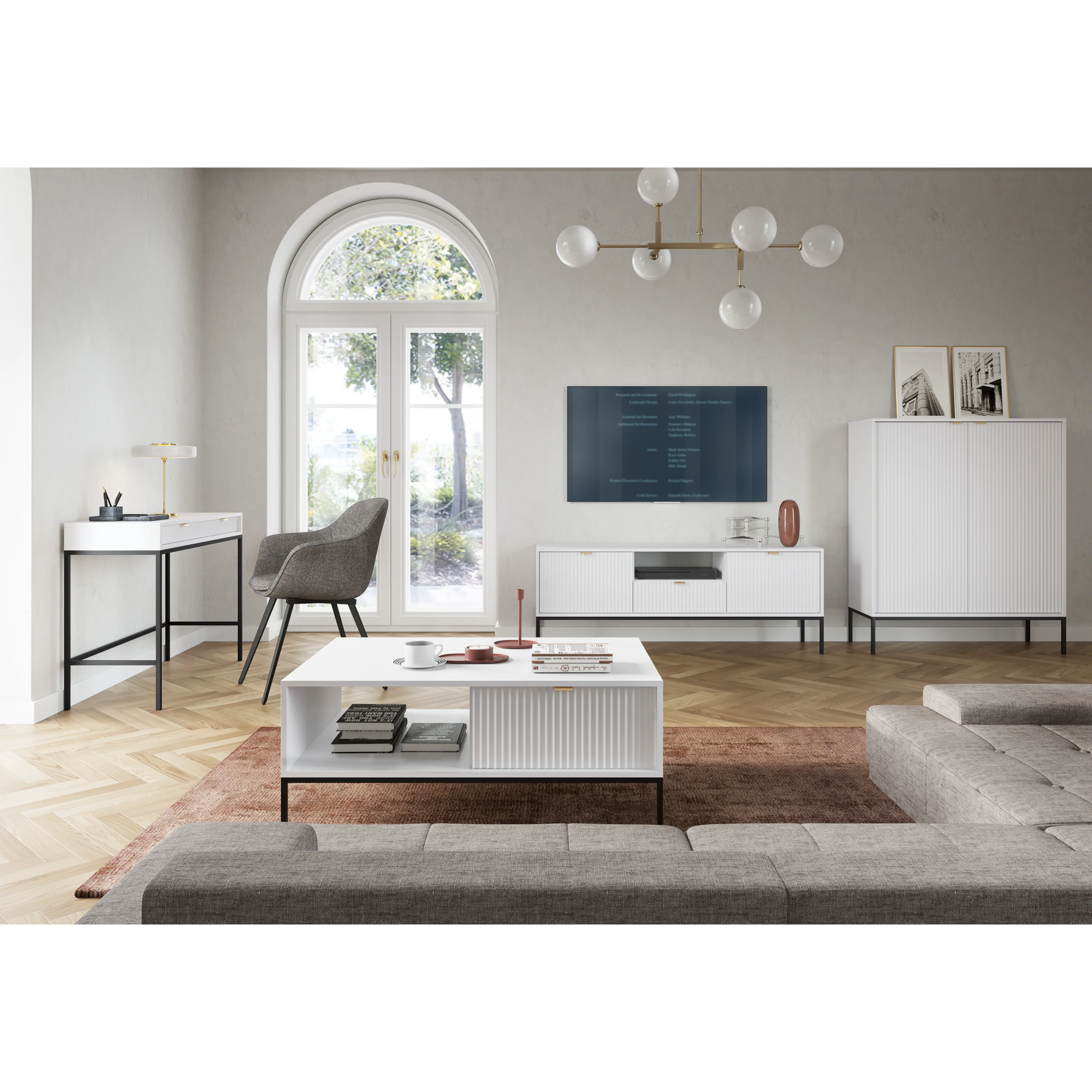 Stolik kawowy LUMI 1S – 104 cm, biały, ryflowany front, czarne nóżki