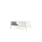 Stolik kawowy LUMI 1S – 104 cm, biały, ryflowany front, złote nóżki