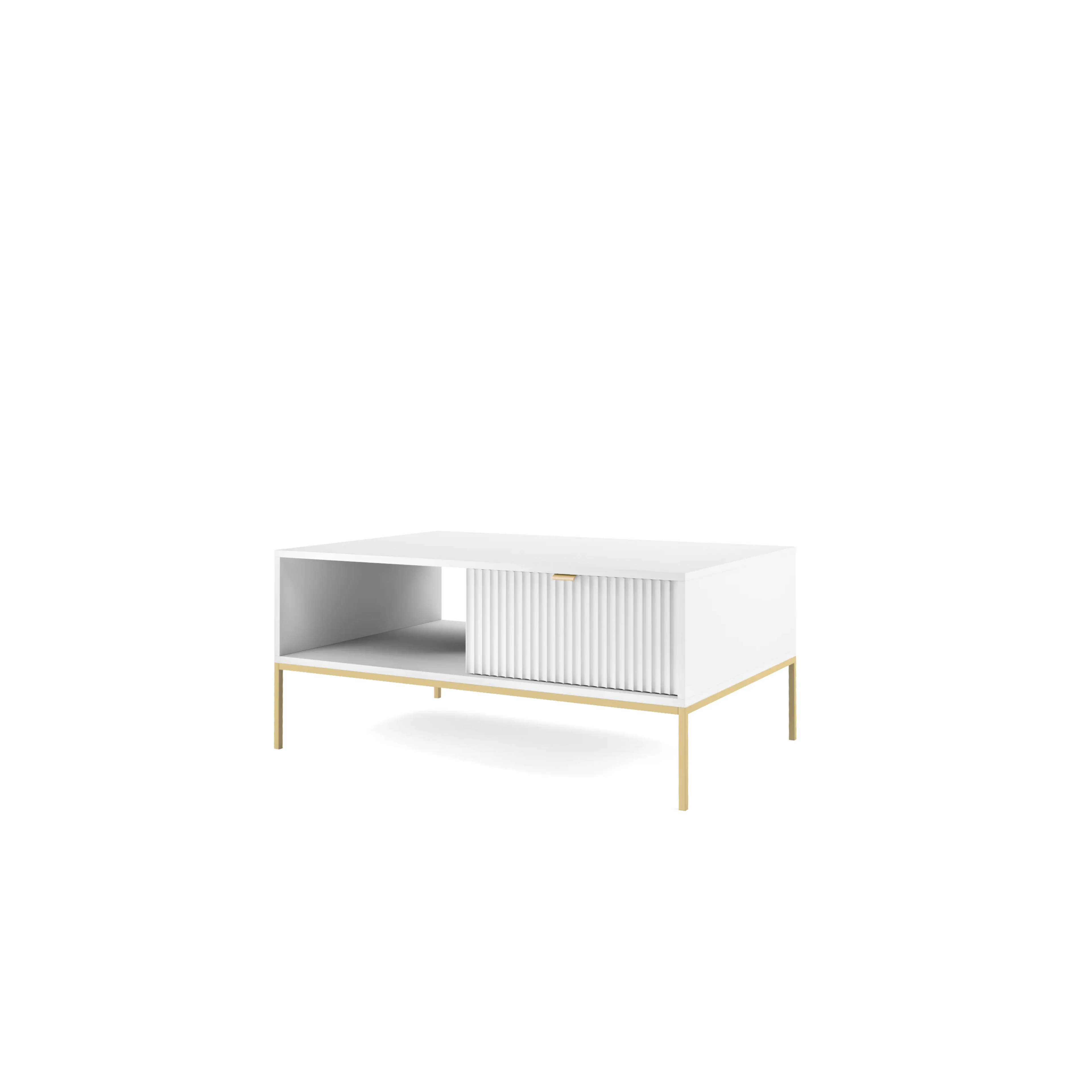 Stolik kawowy LUMI 1S – 104 cm, biały, ryflowany front, złote nóżki