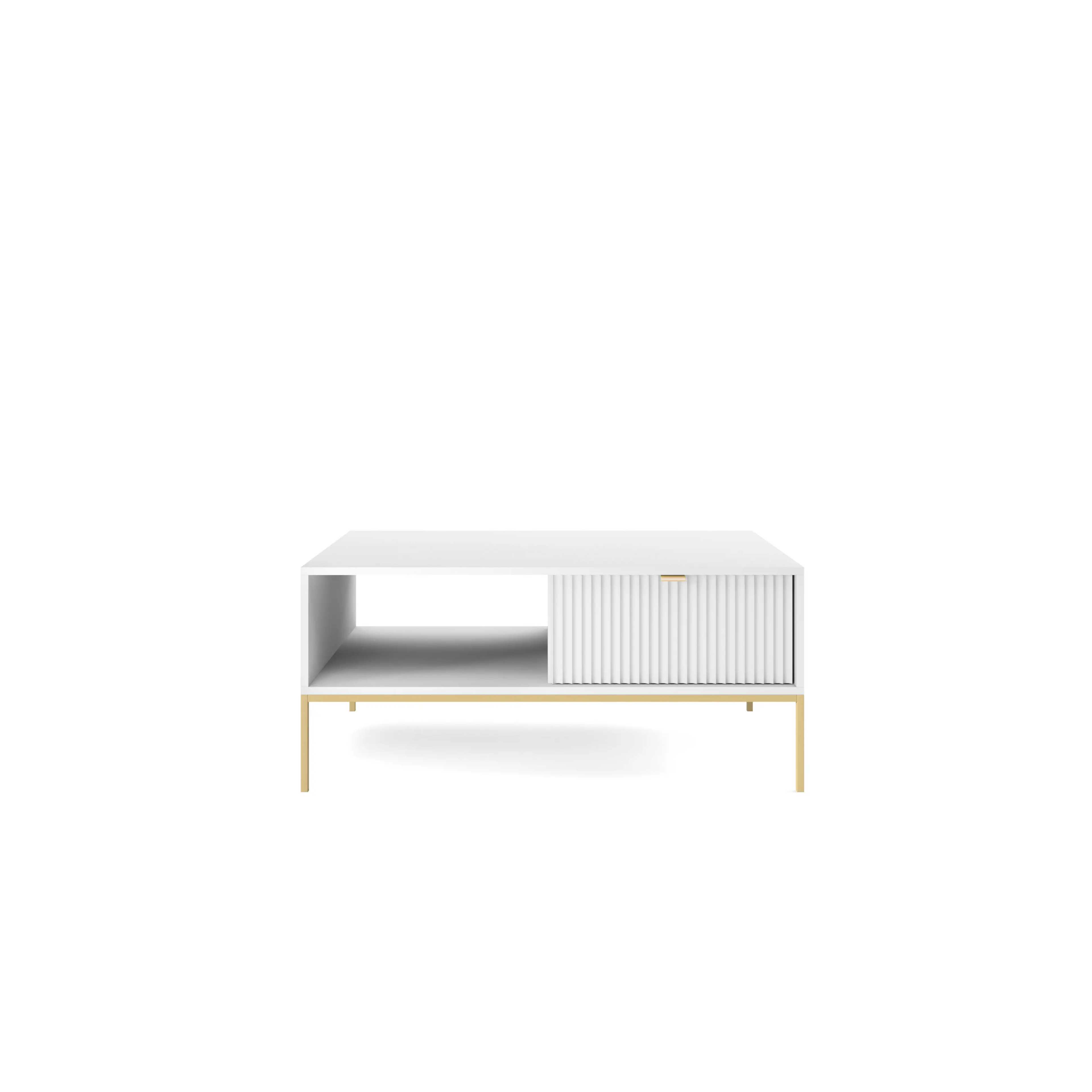 Stolik kawowy LUMI 1S – 104 cm, biały, ryflowany front, złote nóżki