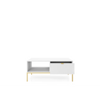 Stolik kawowy LUMI 1S – 104 cm, biały, ryflowany front, złote nóżki