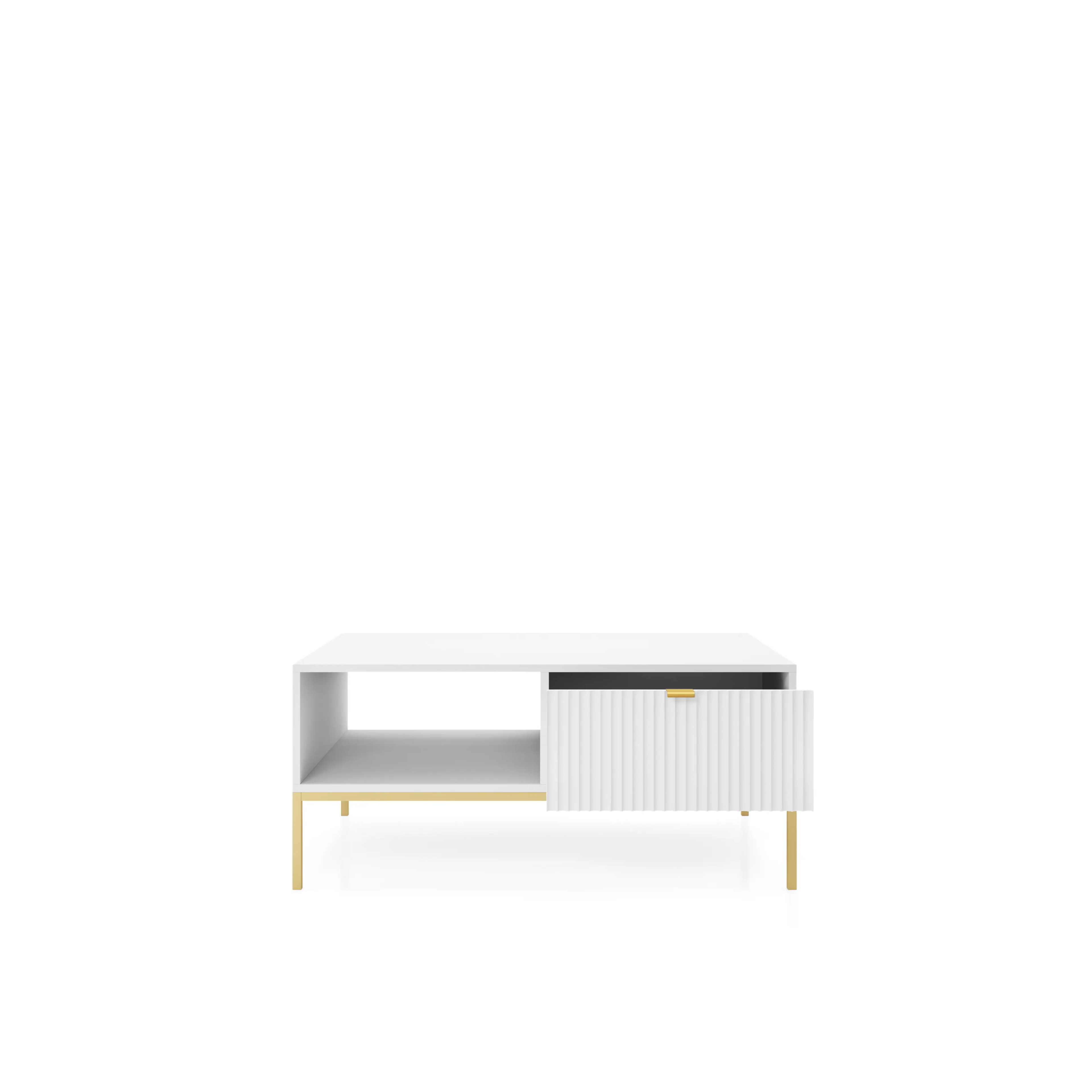 Stolik kawowy LUMI 1S – 104 cm, biały, ryflowany front, złote nóżki