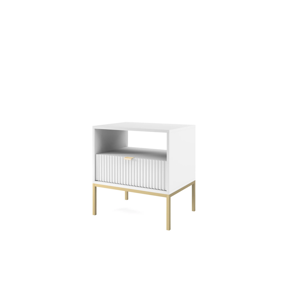 Stolik nocny LUMI 1S – 54 cm, biały, ryflowany front, złote nóżki