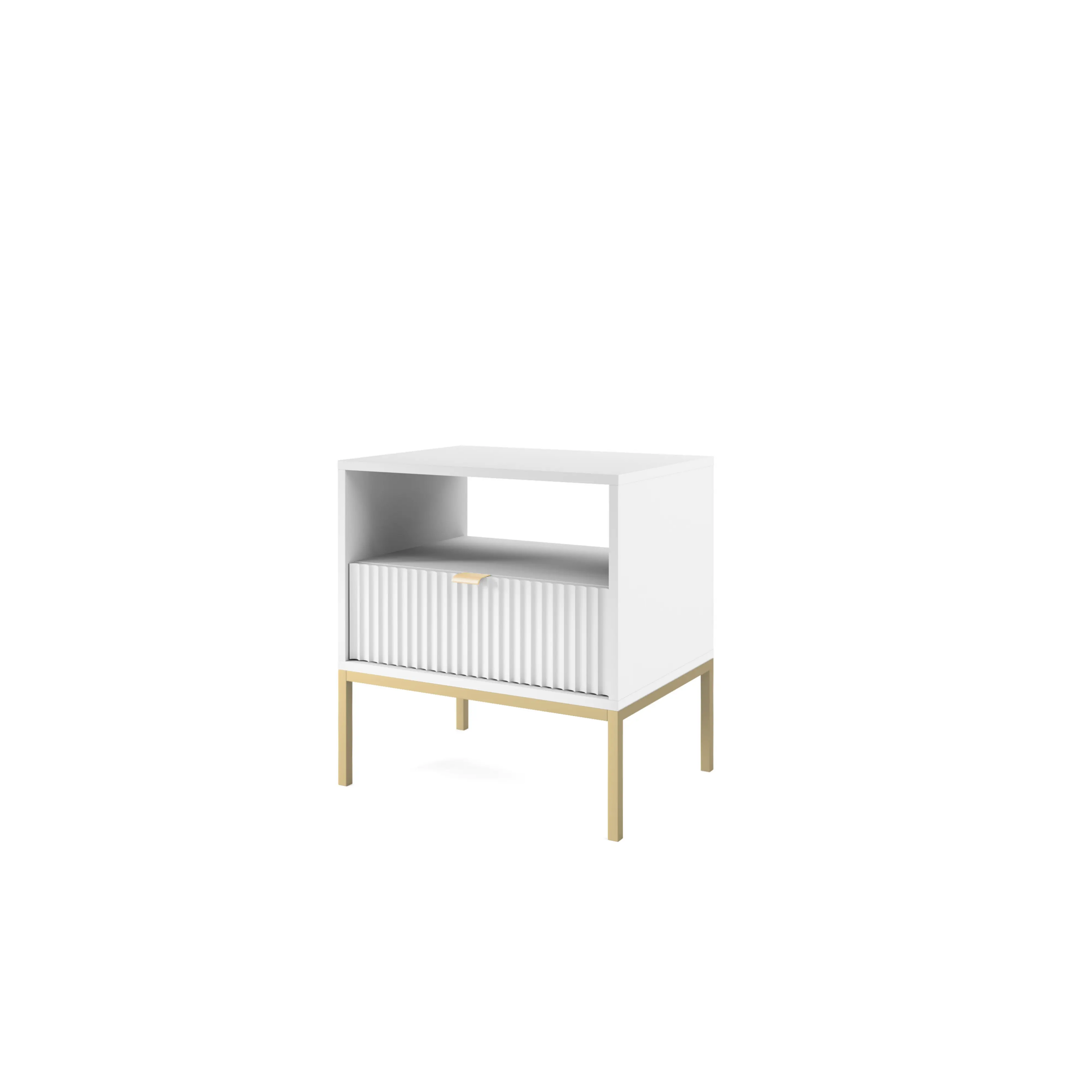 Stolik nocny LUMI 1S – 54 cm, biały, ryflowany front, złote nóżki
