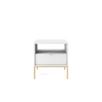 Stolik nocny LUMI 1S – 54 cm, biały, ryflowany front, złote nóżki