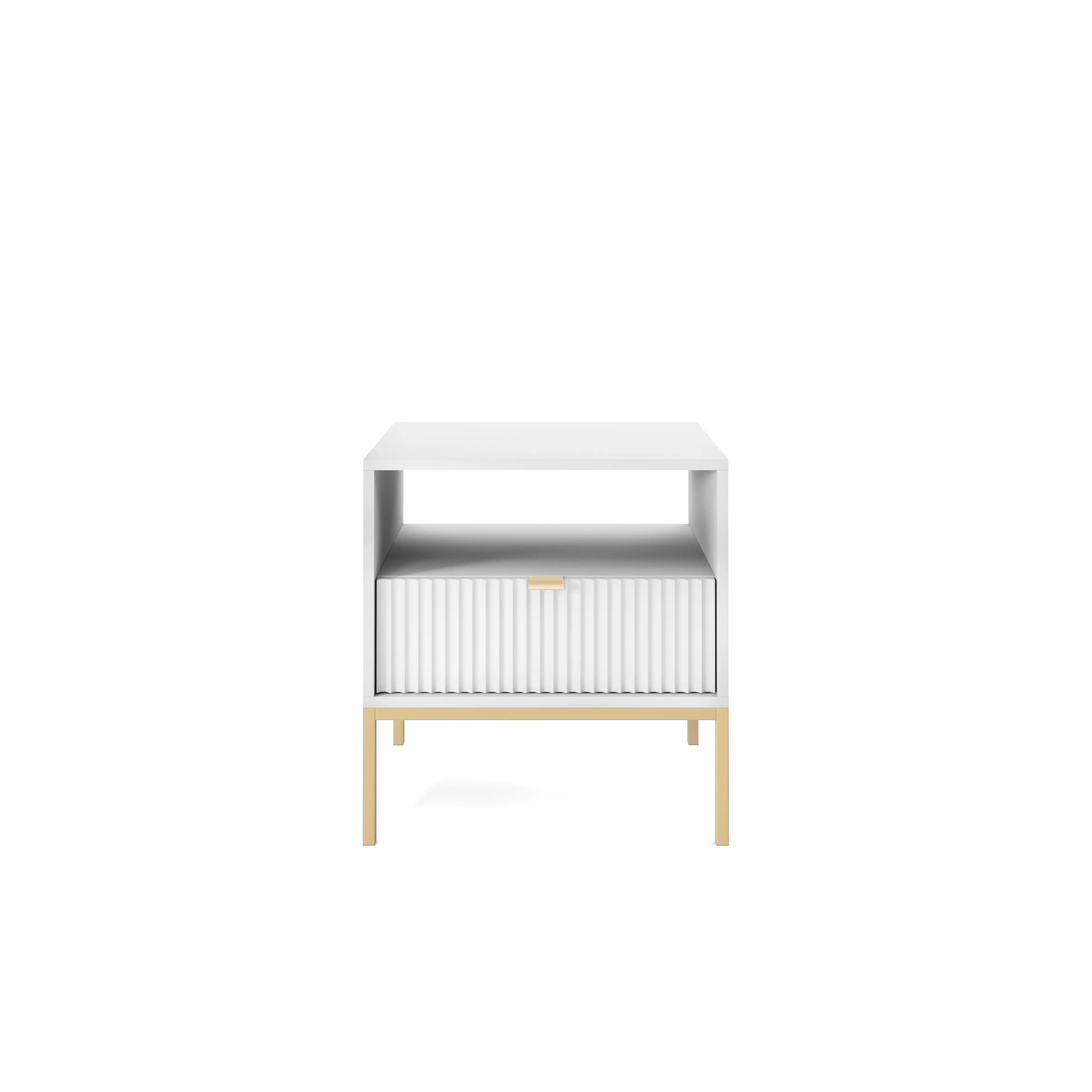Stolik nocny LUMI 1S – 54 cm, biały, ryflowany front, złote nóżki