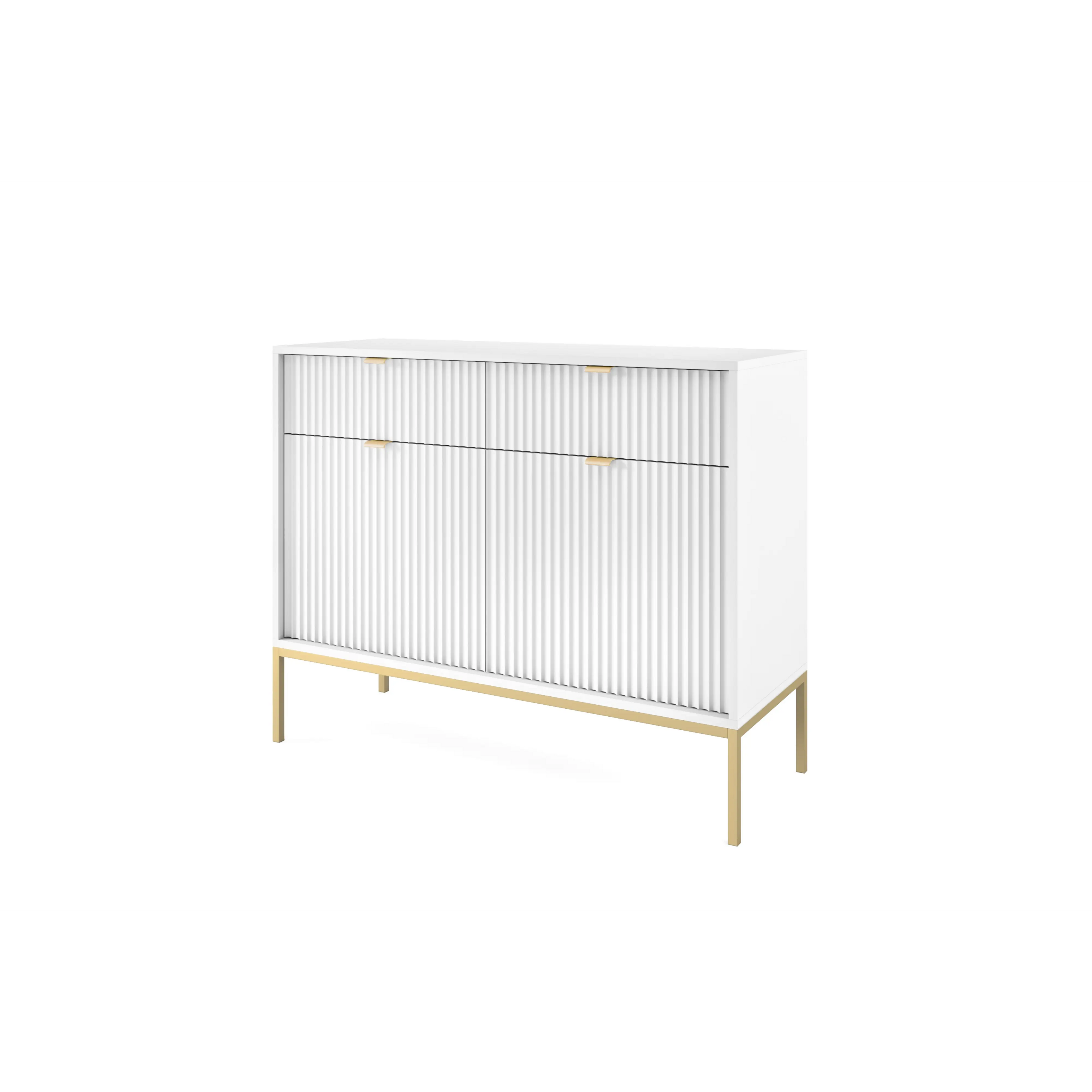 Komoda LUMI 2D2S – 104 cm, biała, ryflowane fronty, złote nóżki