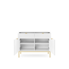 Komoda LUMI 2D2S – 104 cm, biała, ryflowane fronty, złote nóżki