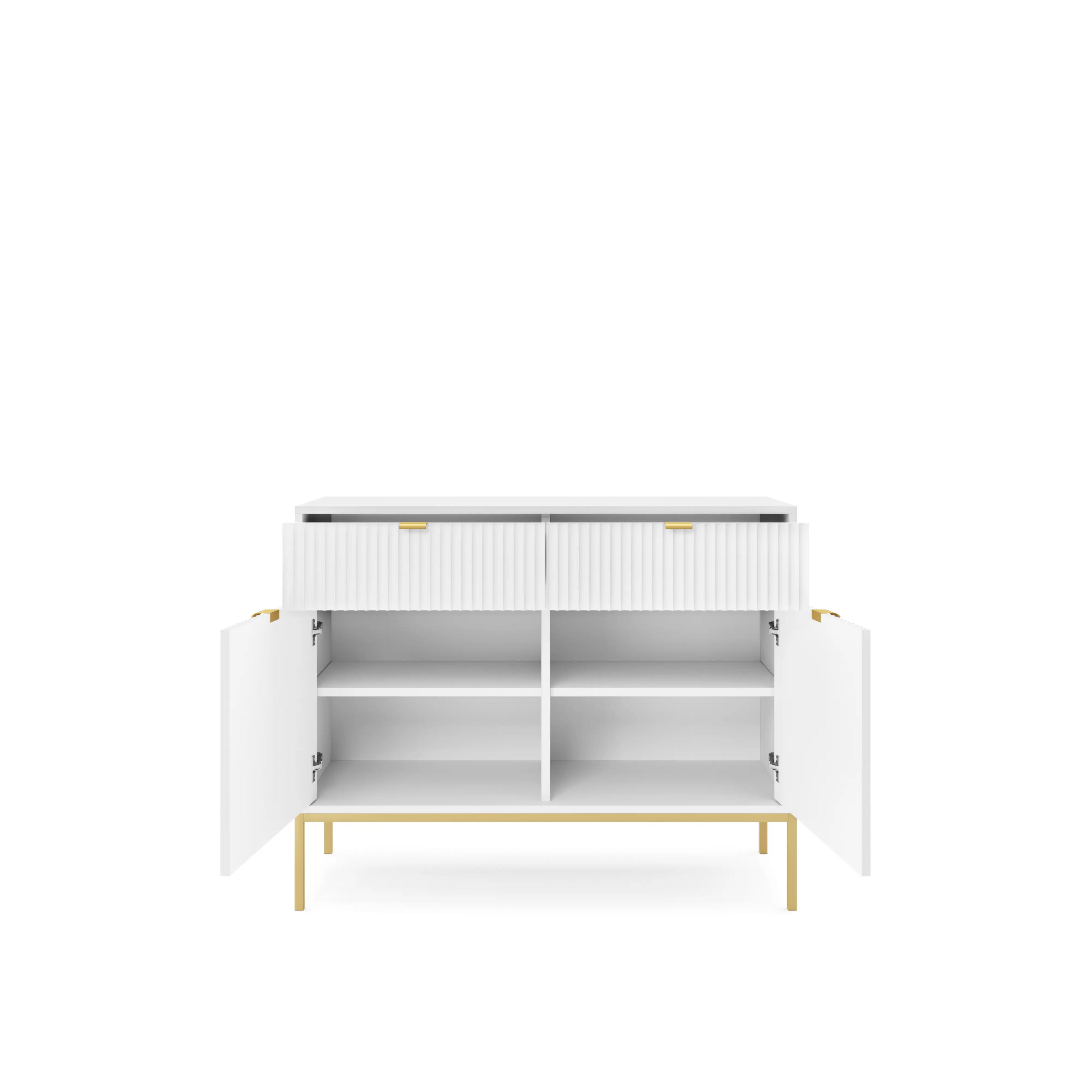 Komoda LUMI 2D2S – 104 cm, biała, ryflowane fronty, złote nóżki
