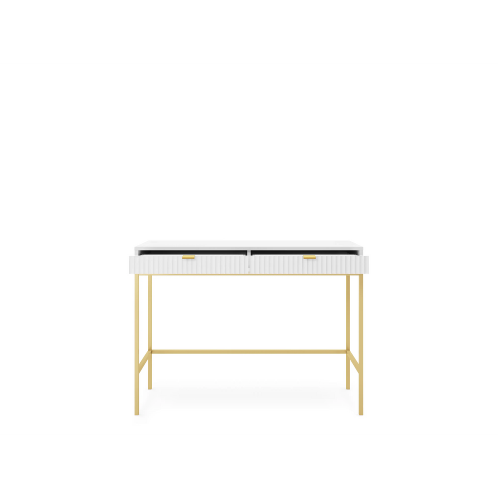 Toaletka LUMI 2S – 104 cm, biała, ryflowane fronty, złote nóżki