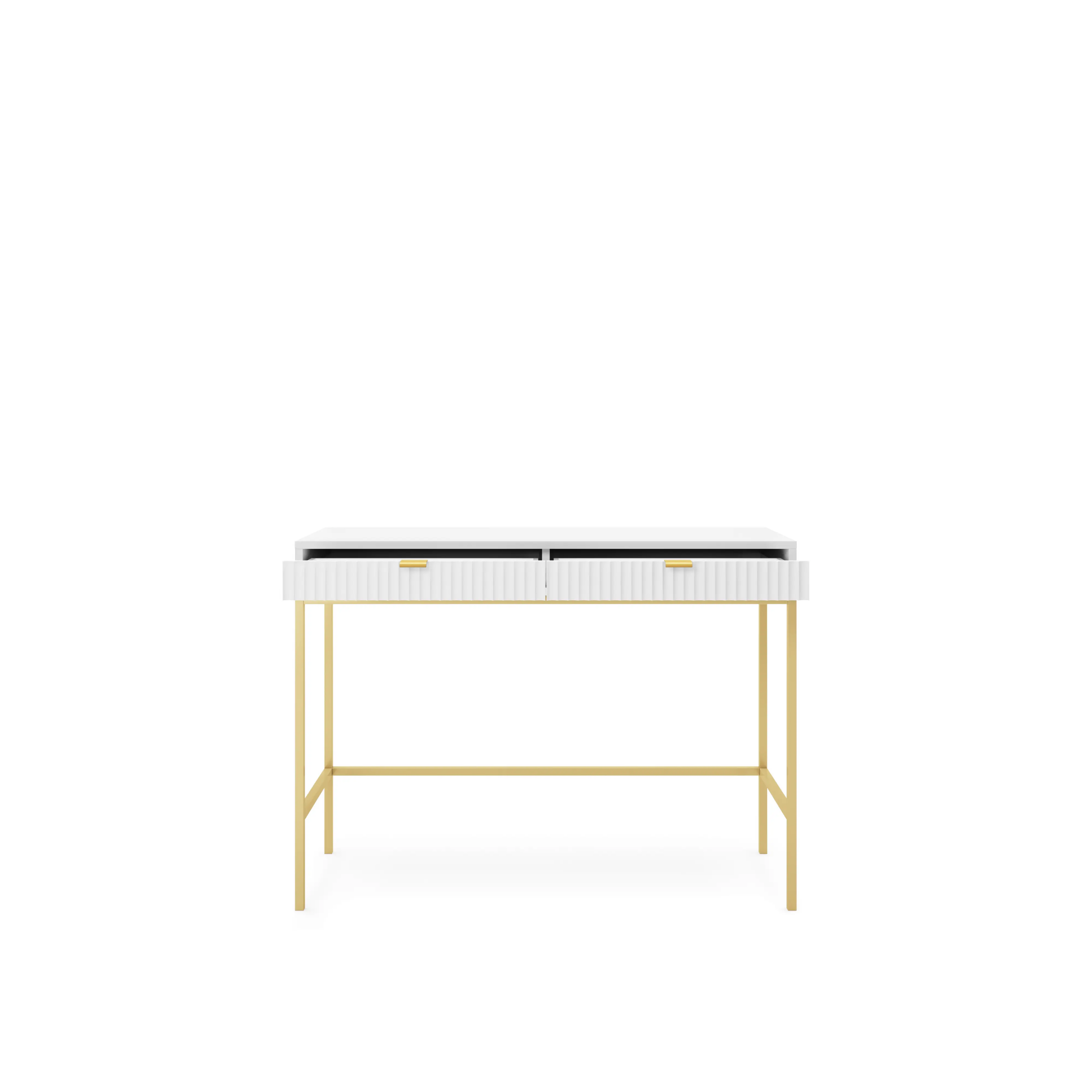 Toaletka LUMI 2S – 104 cm, biała, ryflowane fronty, złote nóżki
