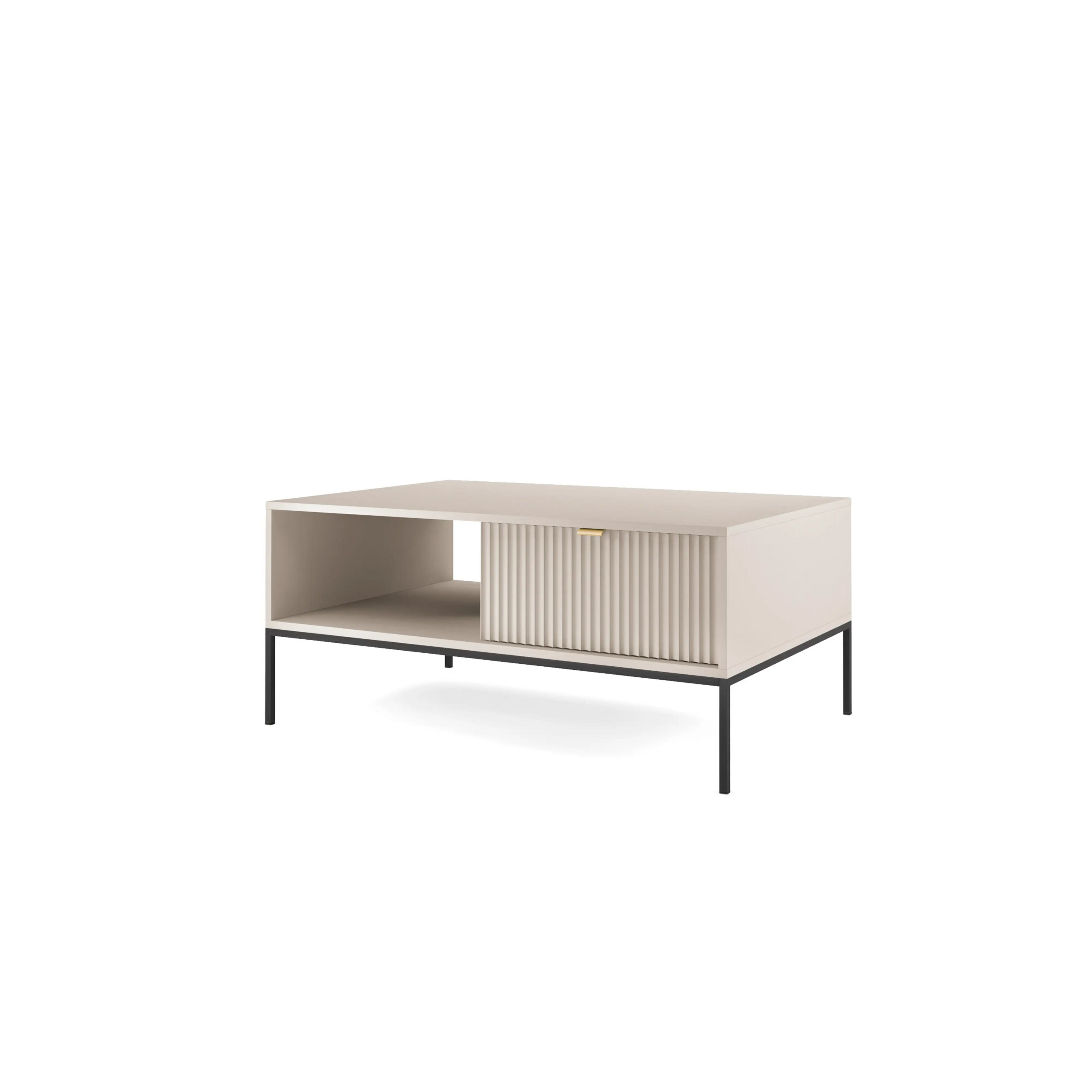 Stolik kawowy LUMI 1S – 104 cm, kaszmir, ryflowany front, czarne nóżki