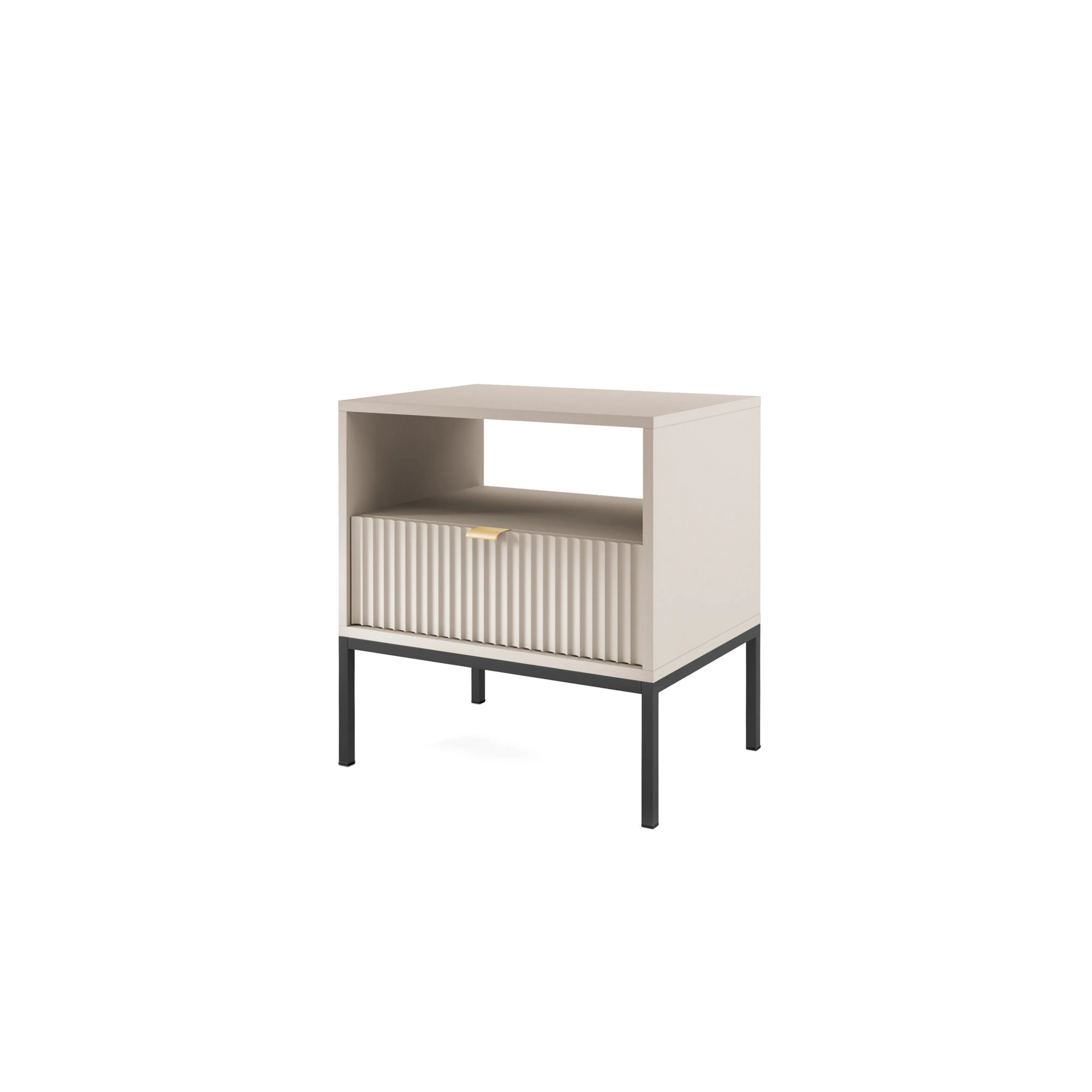 Stolik nocny LUMI 1S – 54 cm, kaszmir, ryflowany front, czarne nóżki