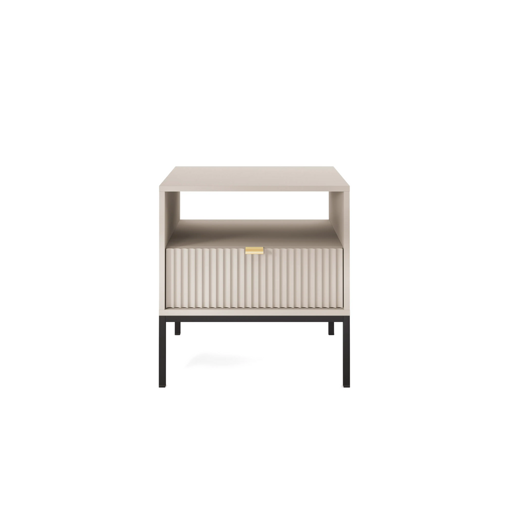 Stolik nocny LUMI 1S – 54 cm, kaszmir, ryflowany front, czarne nóżki