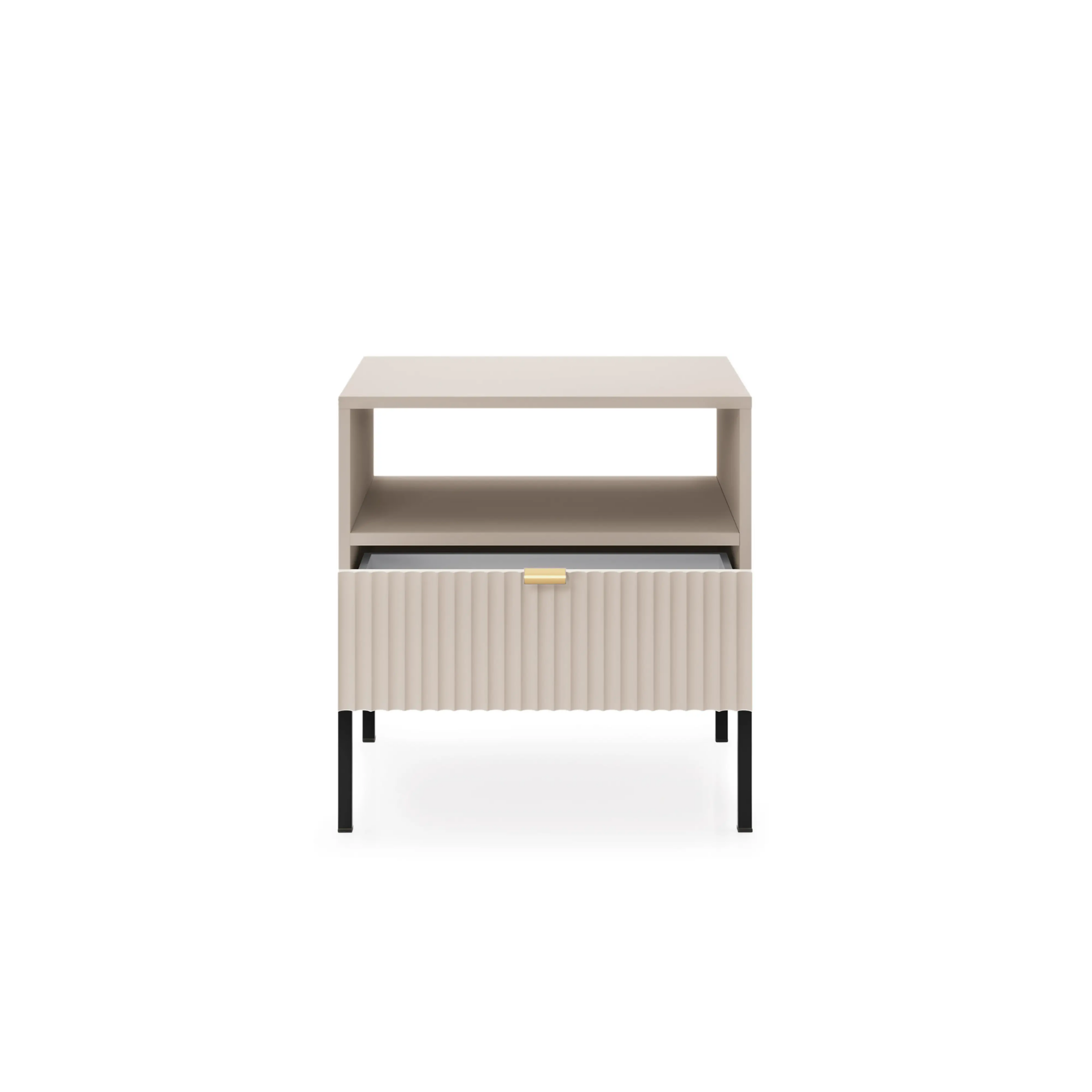 Stolik nocny LUMI 1S – 54 cm, kaszmir, ryflowany front, czarne nóżki
