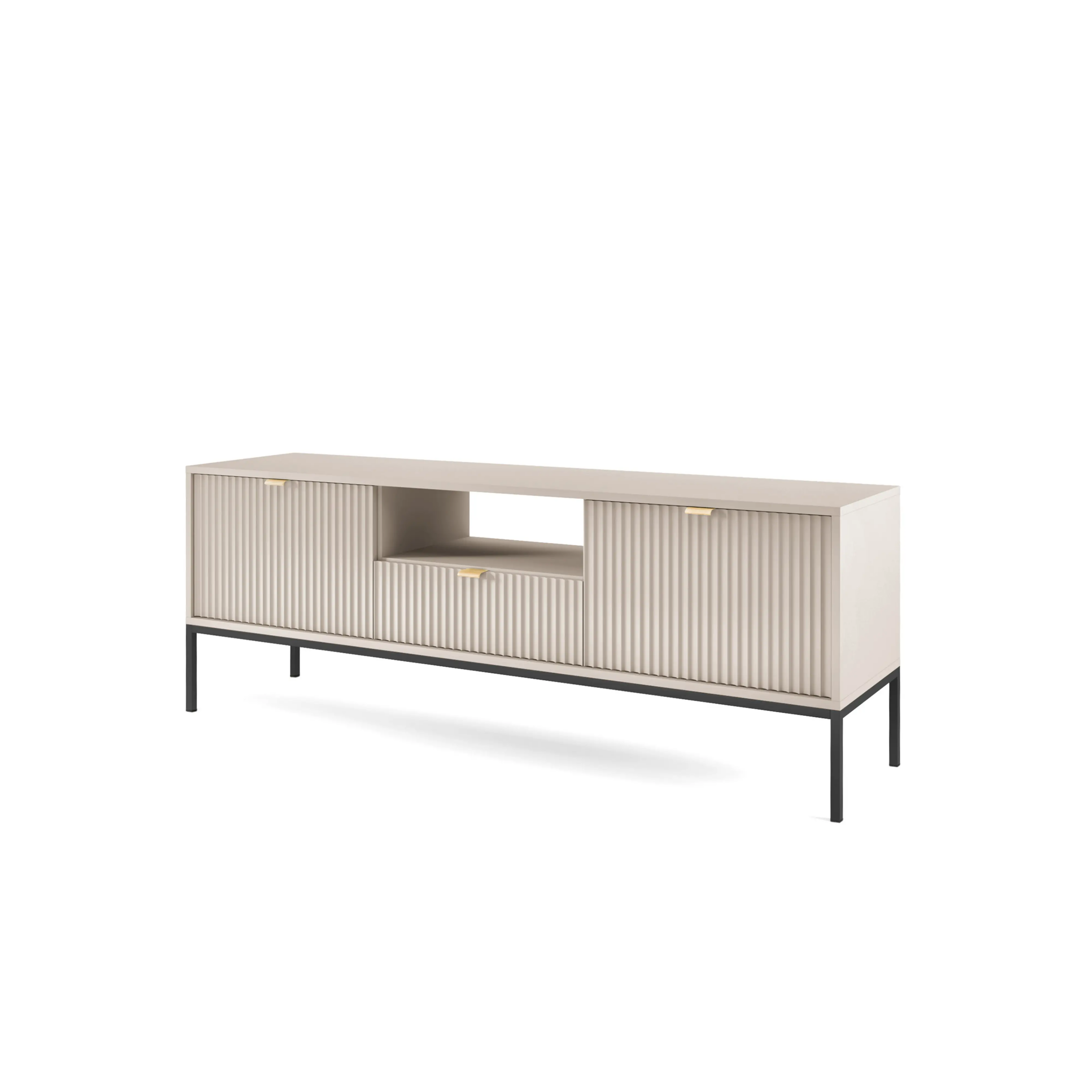Szafka RTV LUMI 154 cm – kaszmir, ryflowane fronty, czarne nóżki