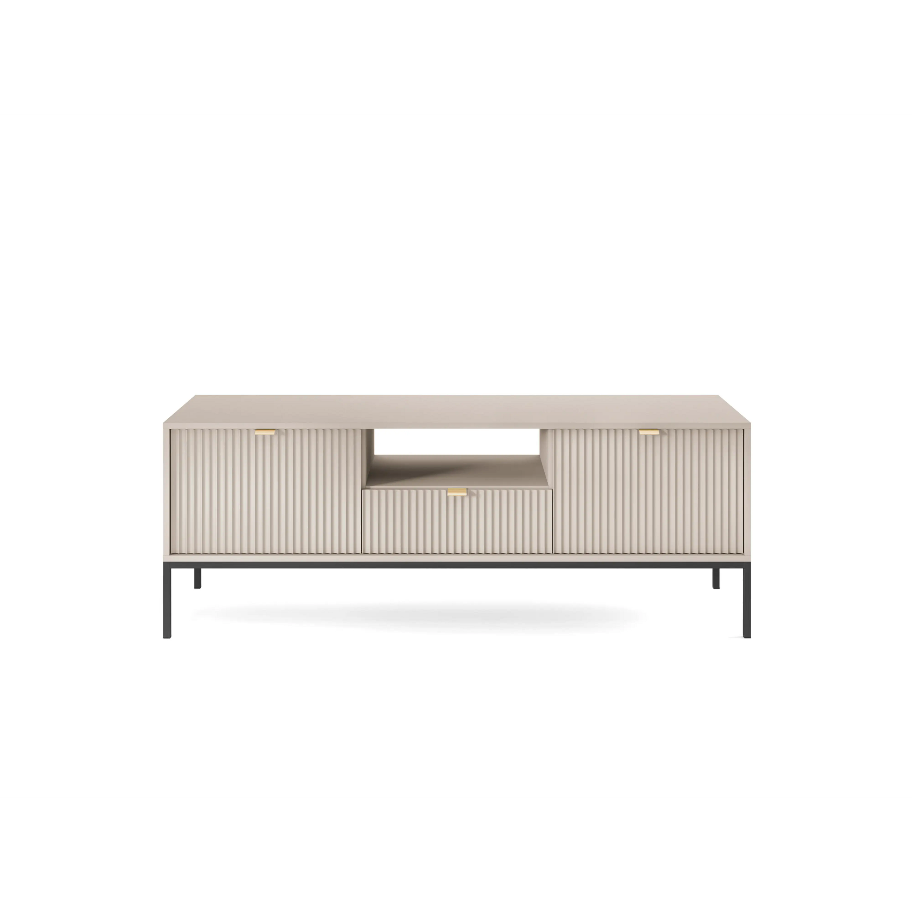 Szafka RTV LUMI 154 cm – kaszmir, ryflowane fronty, czarne nóżki