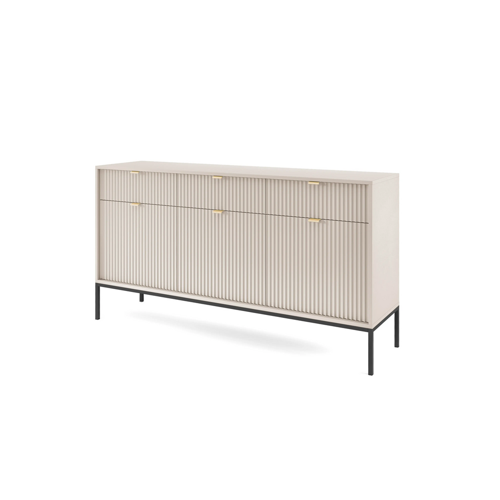 Komoda LUMI 3D – 154 cm, kaszmir, ryflowane fronty, czarne nóżki