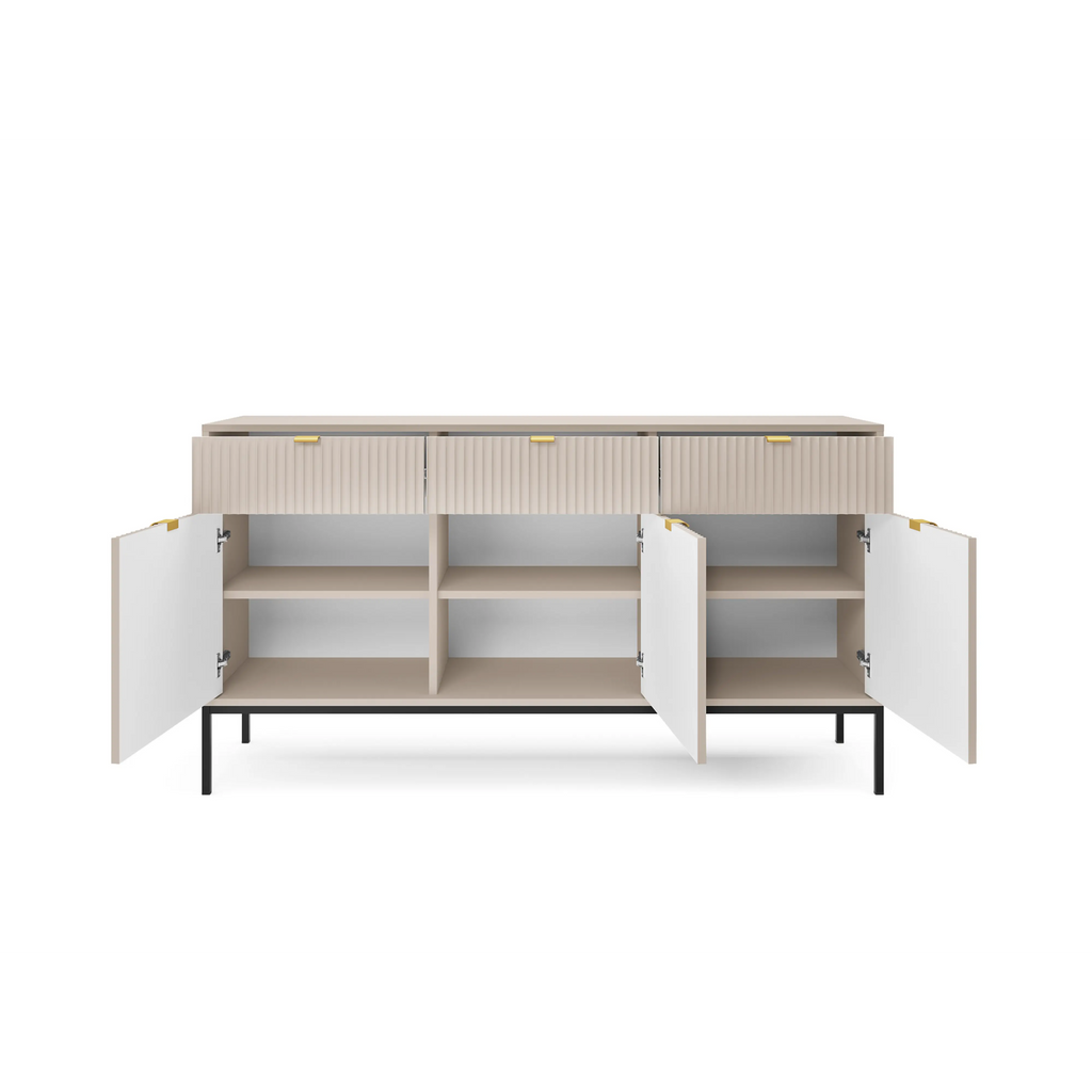 Komoda LUMI 3D – 154 cm, kaszmir, ryflowane fronty, czarne nóżki