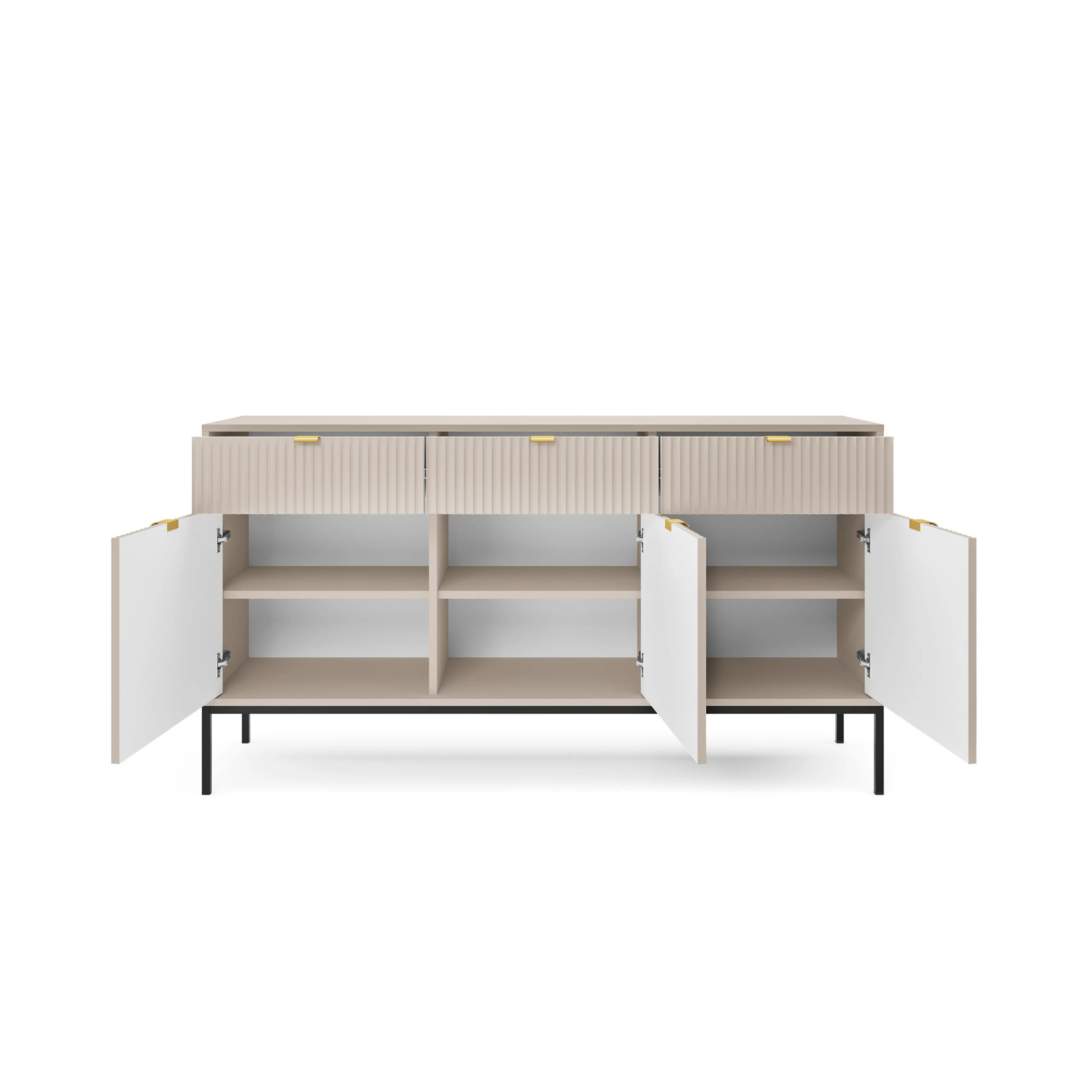 Komoda LUMI 3D – 154 cm, kaszmir, ryflowane fronty, czarne nóżki