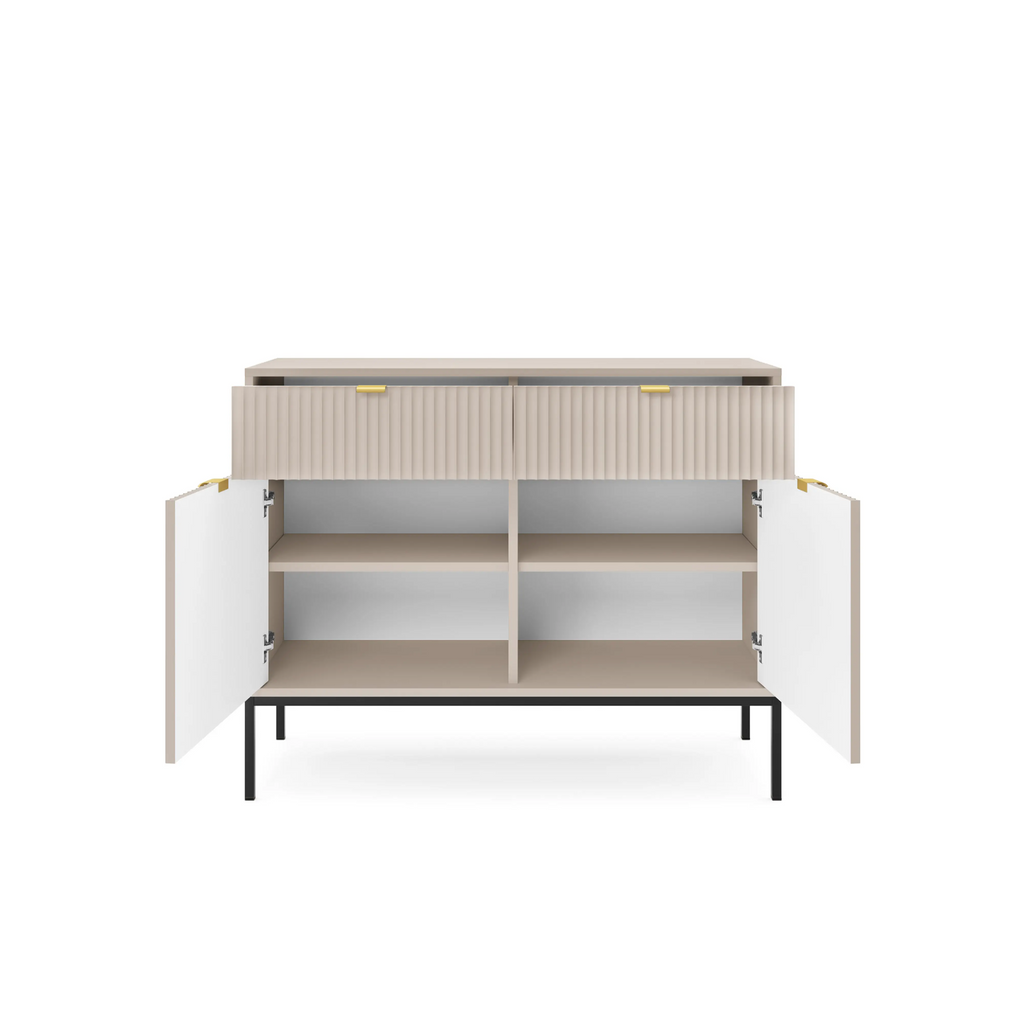 Komoda LUMI 2D2S – 104 cm, kaszmir, ryflowane fronty, czarne nóżki