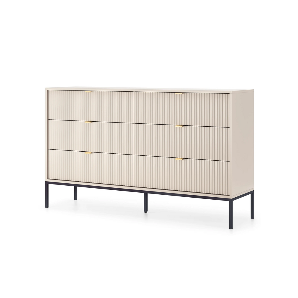 Komoda LUMI 6S – 154 cm, kaszmir, ryflowane fronty, czarne nóżki