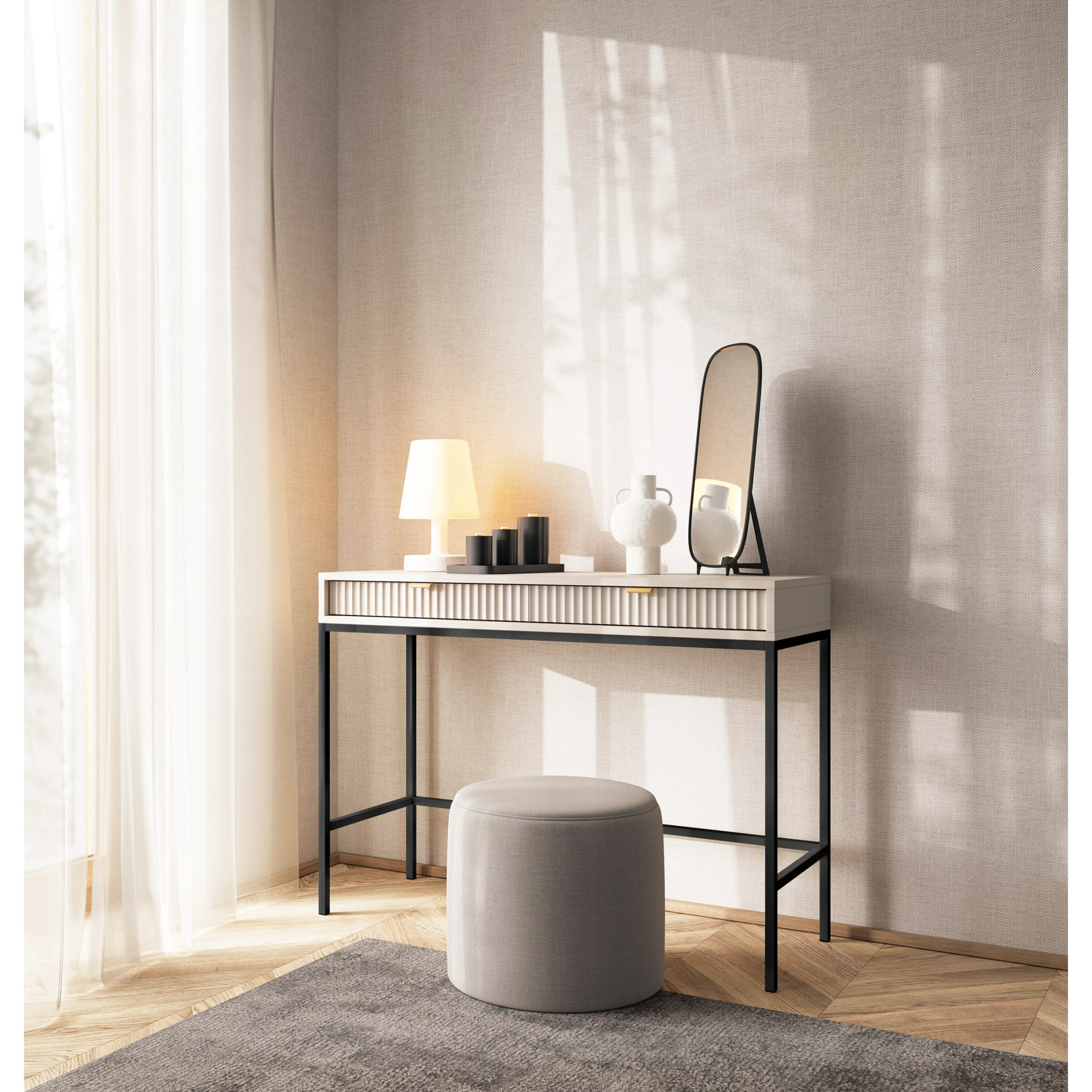 Toaletka LUMI 2S – 104 cm, kaszmir, ryflowane fronty, czarne nóżki