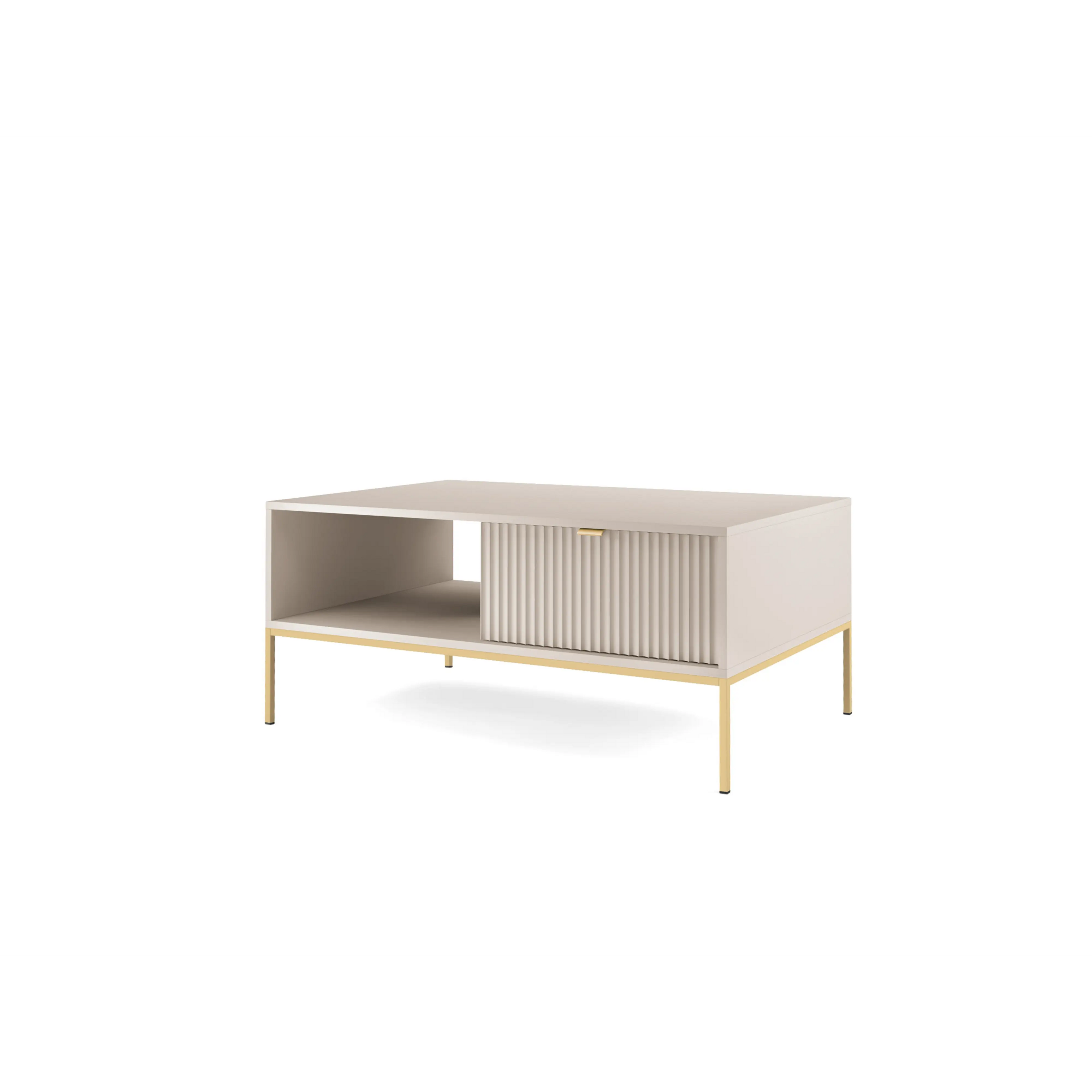 Stolik kawowy LUMI 1S – 104 cm, kaszmir, ryflowany front, złote nóżki